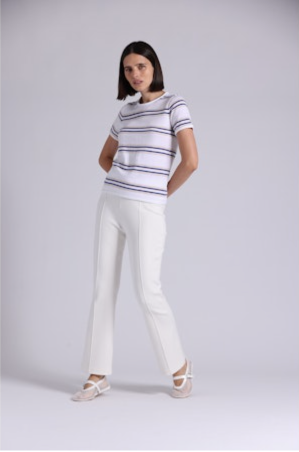 Minnie Rose Cotton Cashmere Striped Short Sleeve Crew - Lotus Combo