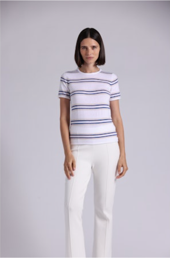 Minnie Rose Cotton Cashmere Striped Short Sleeve Crew - Lotus Combo