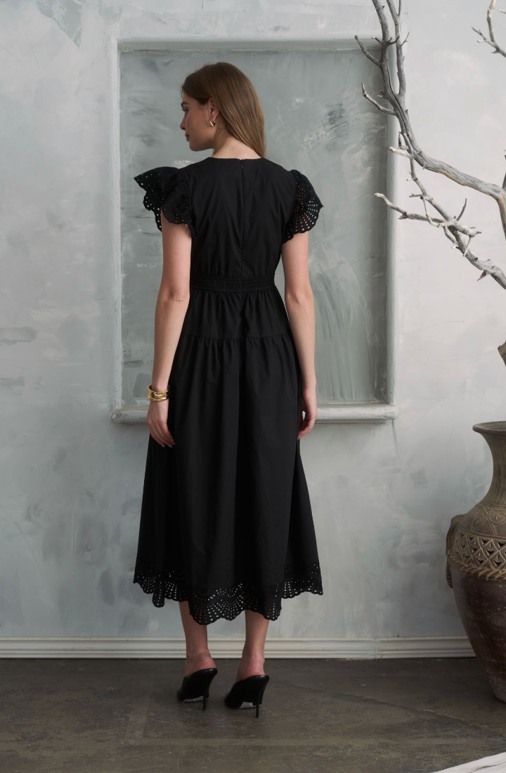 Moon River V-neck Short Ruffle Sleeve Lace Detail Midi Dress MR9909