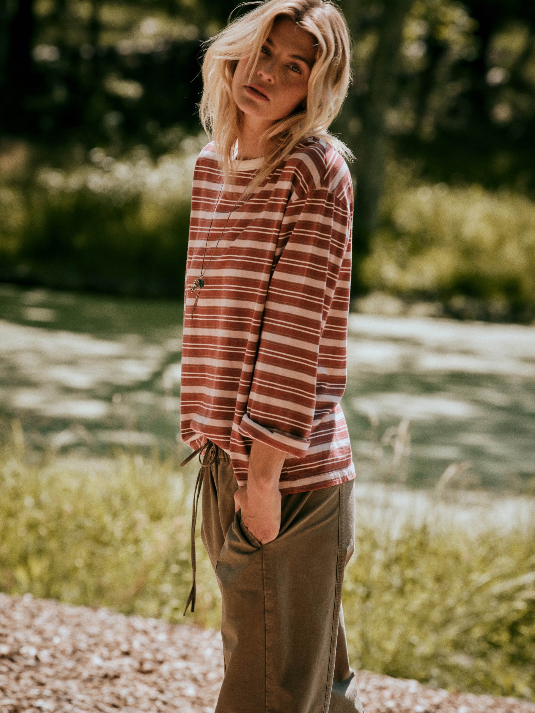 Faherty Sunwashed Long-Sleeve Retro Tee - Rosewood Stripe