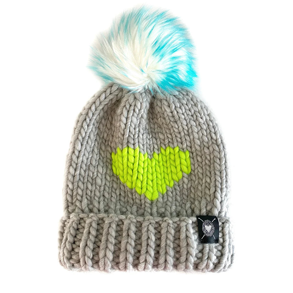 Nickichicki Luxury Big Heart Beanie in Silver + Neon Green