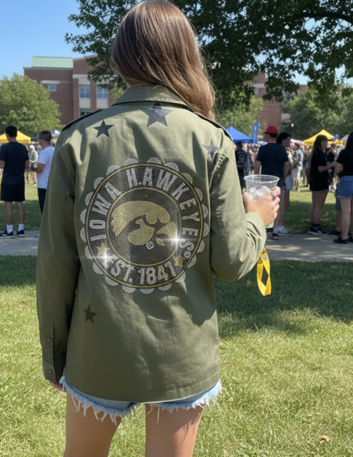 Catherine's Game Day Army Jacket  w/ Crystal Univ of Iowa Est 1841