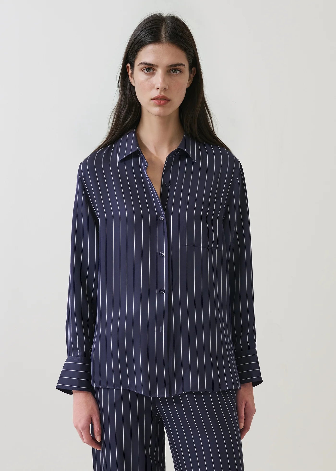 Patrick Assaraf Pinstripe Silk Boyfriend Pocket Shirt W47D25B