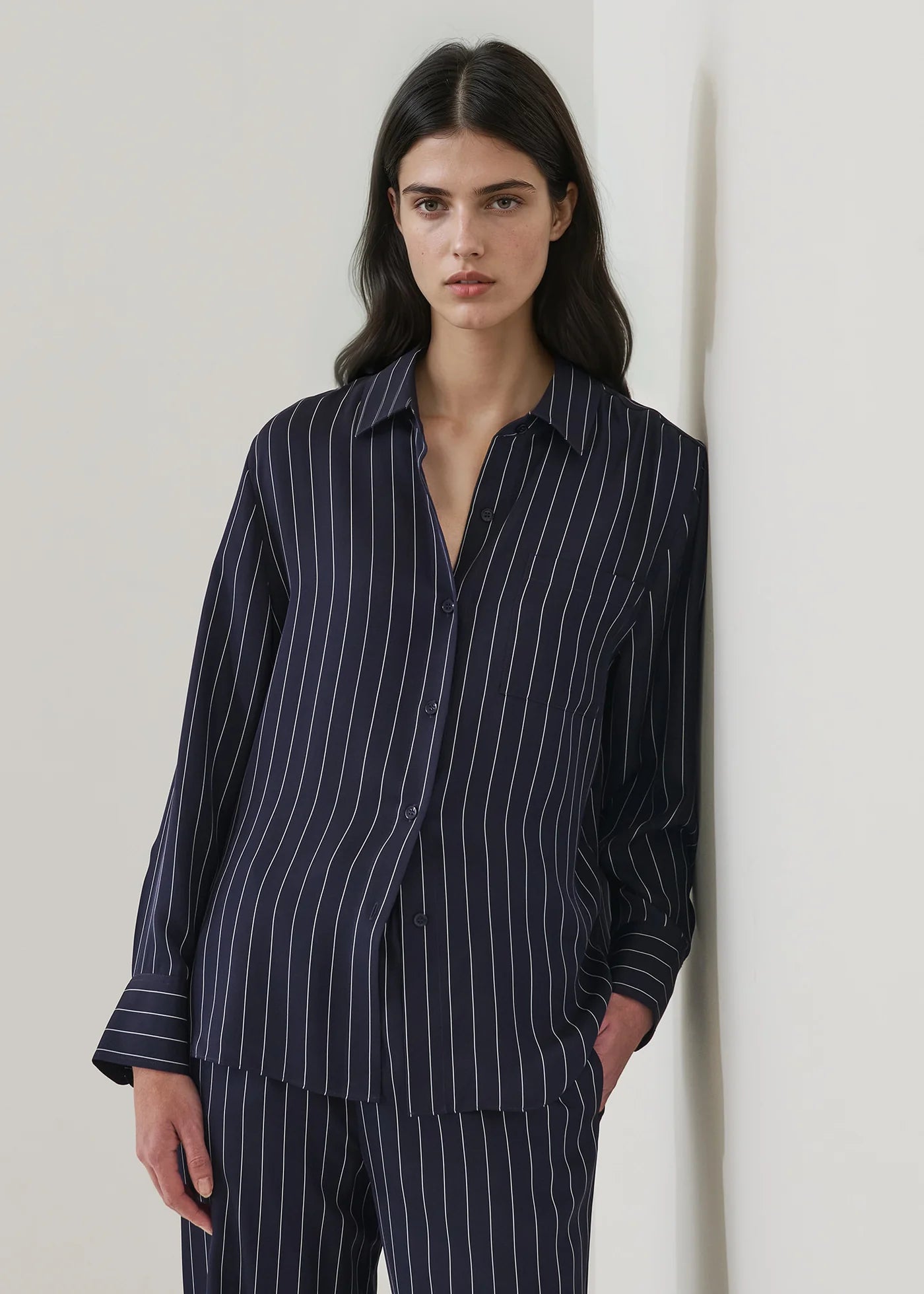 Patrick Assaraf Pinstripe Silk Boyfriend Pocket Shirt W47D25B