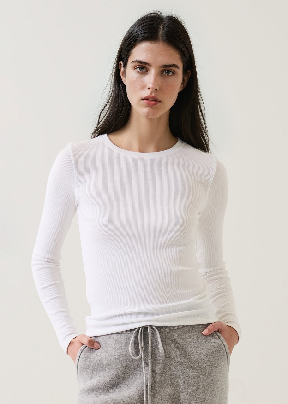 Patrick Assaraf Pima Cotton Stretch Ribbed Long Sleeve Crew Neck T-Shirt W954C10