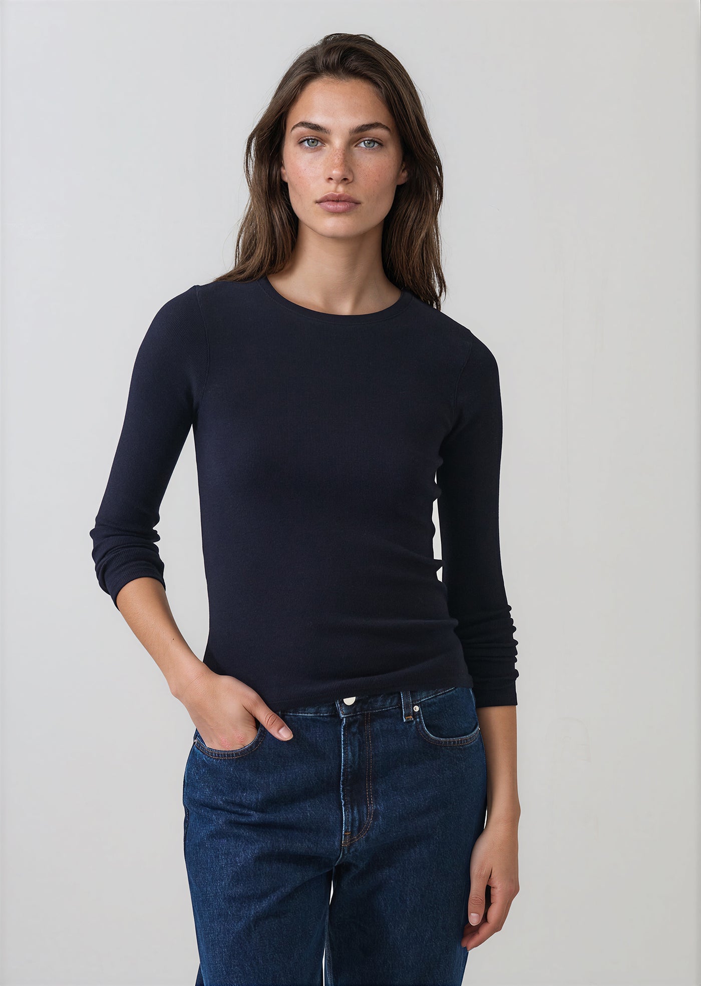 Patrick Assaraf Pima Cotton Stretch Ribbed Long Sleeve Crew Neck T-Shirt W954C10