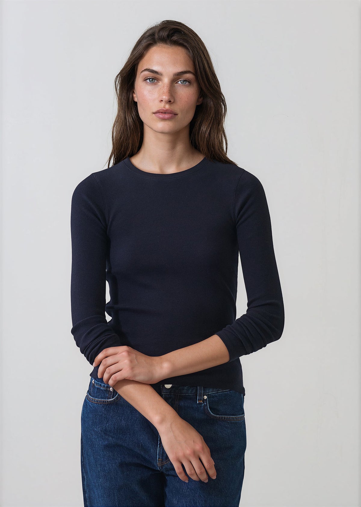 Patrick Assaraf Pima Cotton Stretch Ribbed Long Sleeve Crew Neck T-Shirt W954C10