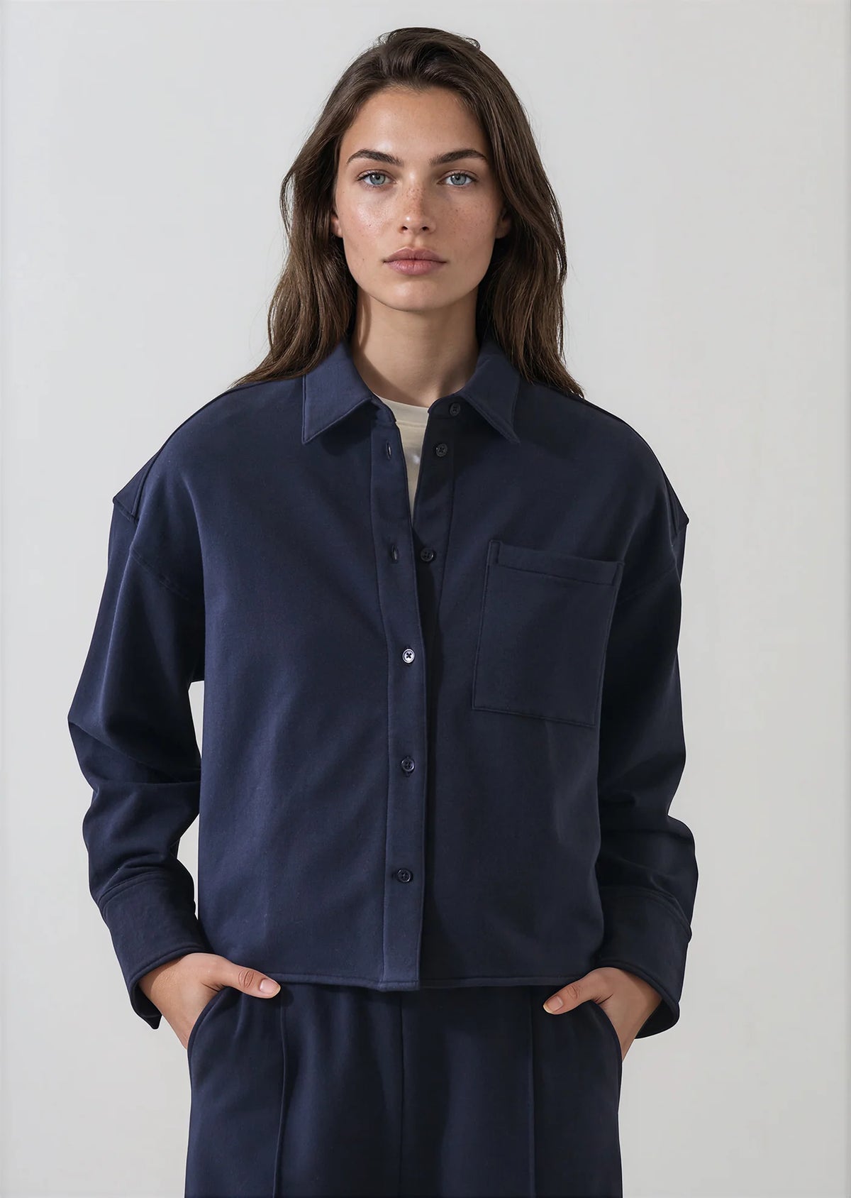 Patrick Assaraf Brushed French Terry Boxy Shirt Dark Navy W99D14