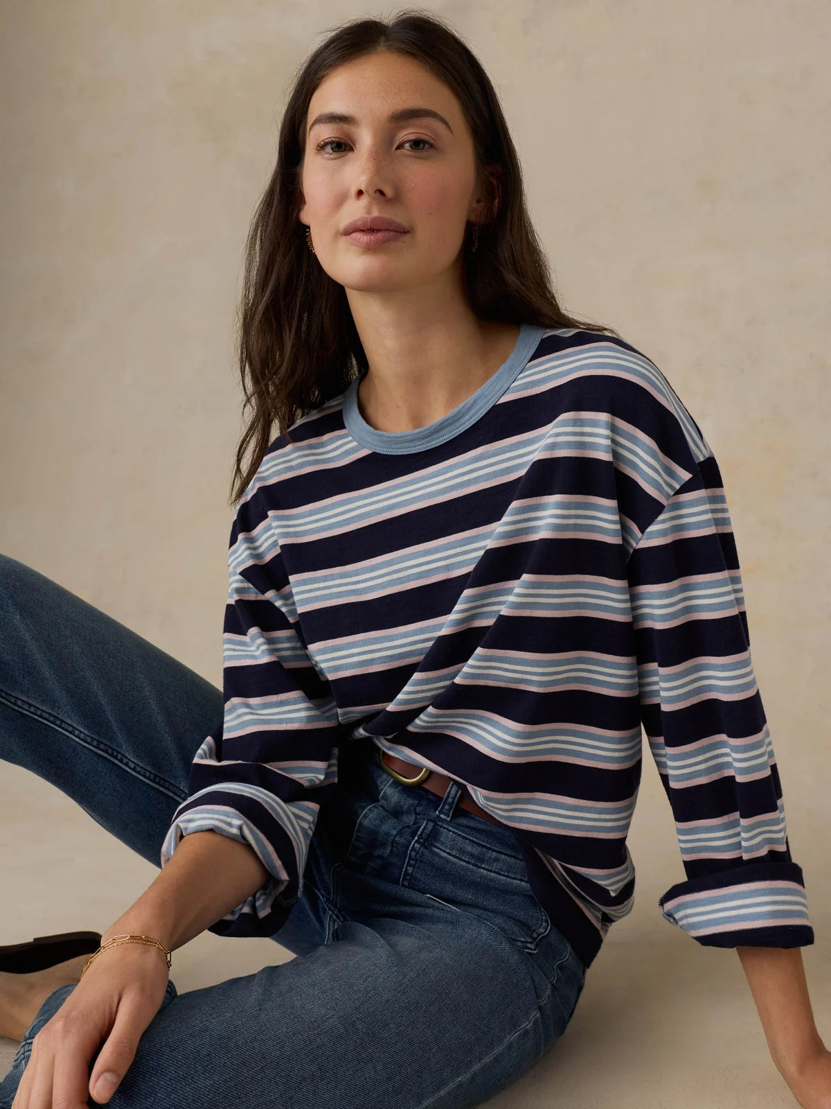 Faherty Sunwashed Long-Sleeve Retro Tee - Moonlit Tidal Stripe