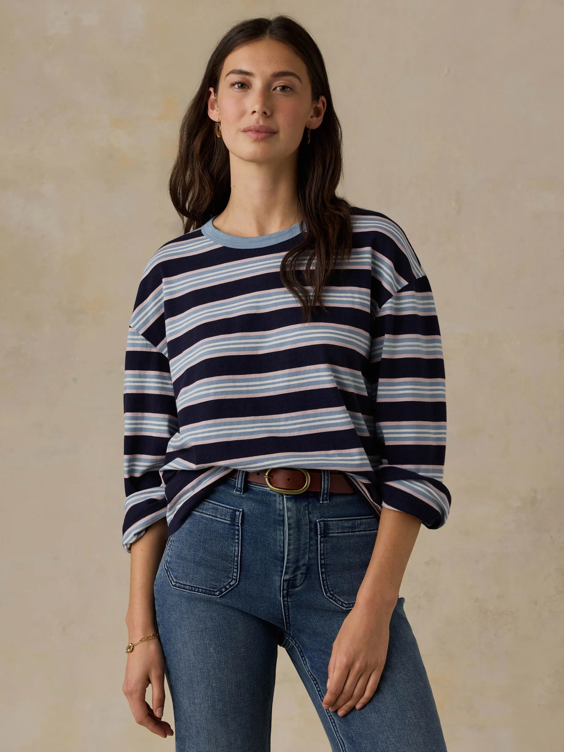 Faherty Sunwashed Long-Sleeve Retro Tee - Moonlit Tidal Stripe