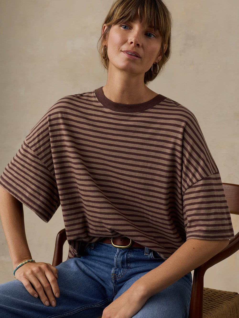 Faherty Sunwashed Boyfriend Tee - Coffee Sand Stripe