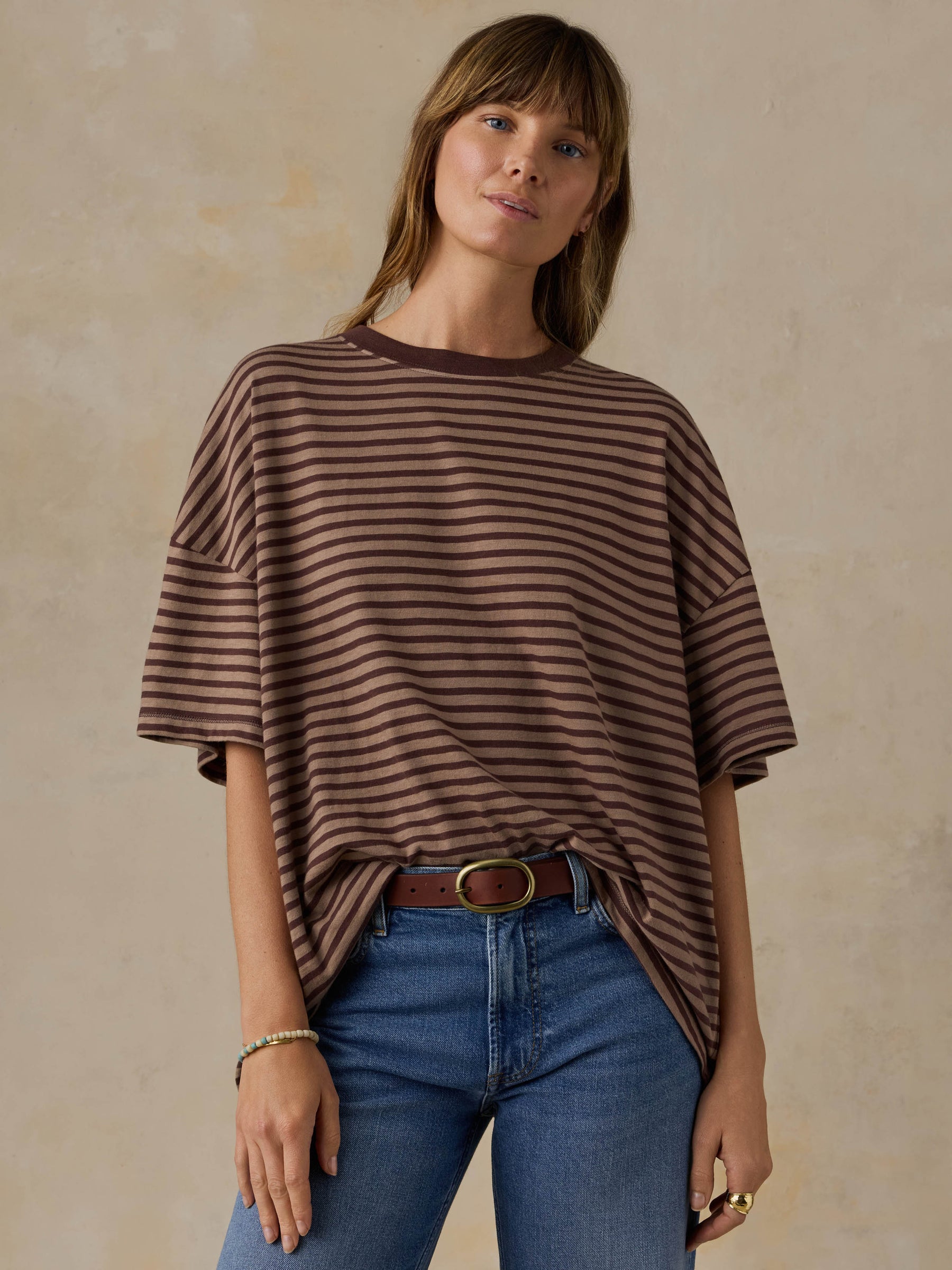 Faherty Sunwashed Boyfriend Tee - Coffee Sand Stripe