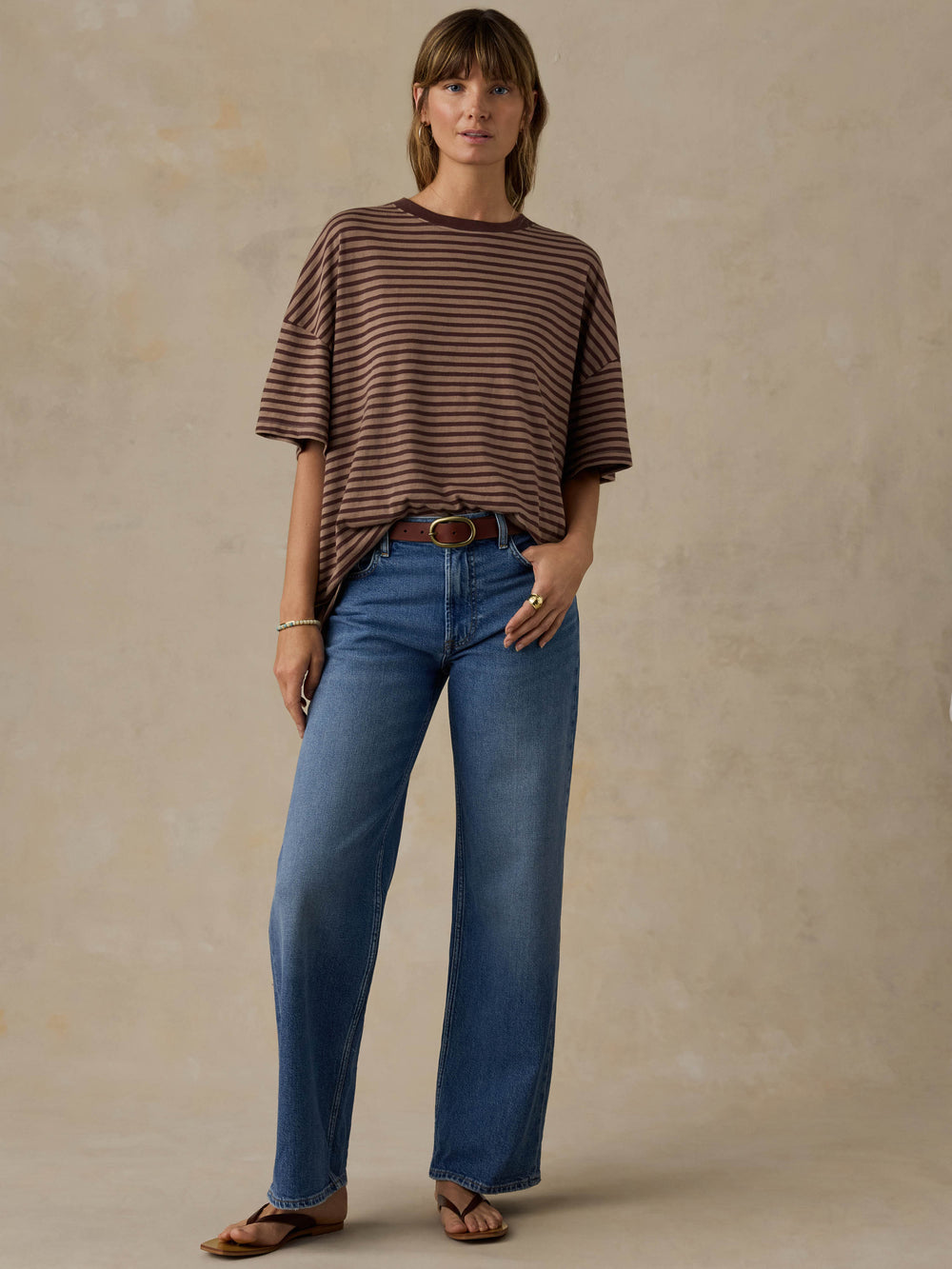 Faherty Sunwashed Boyfriend Tee - Coffee Sand Stripe