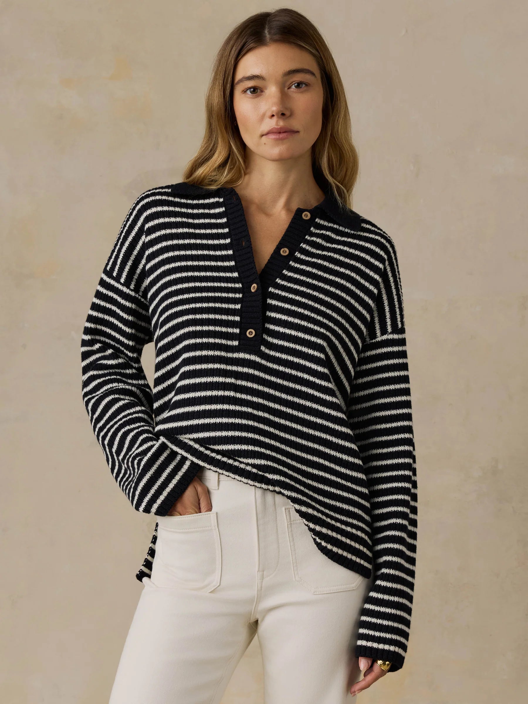 Faherty Miramar Linen Relaxed Polo - Black Reef Stripe