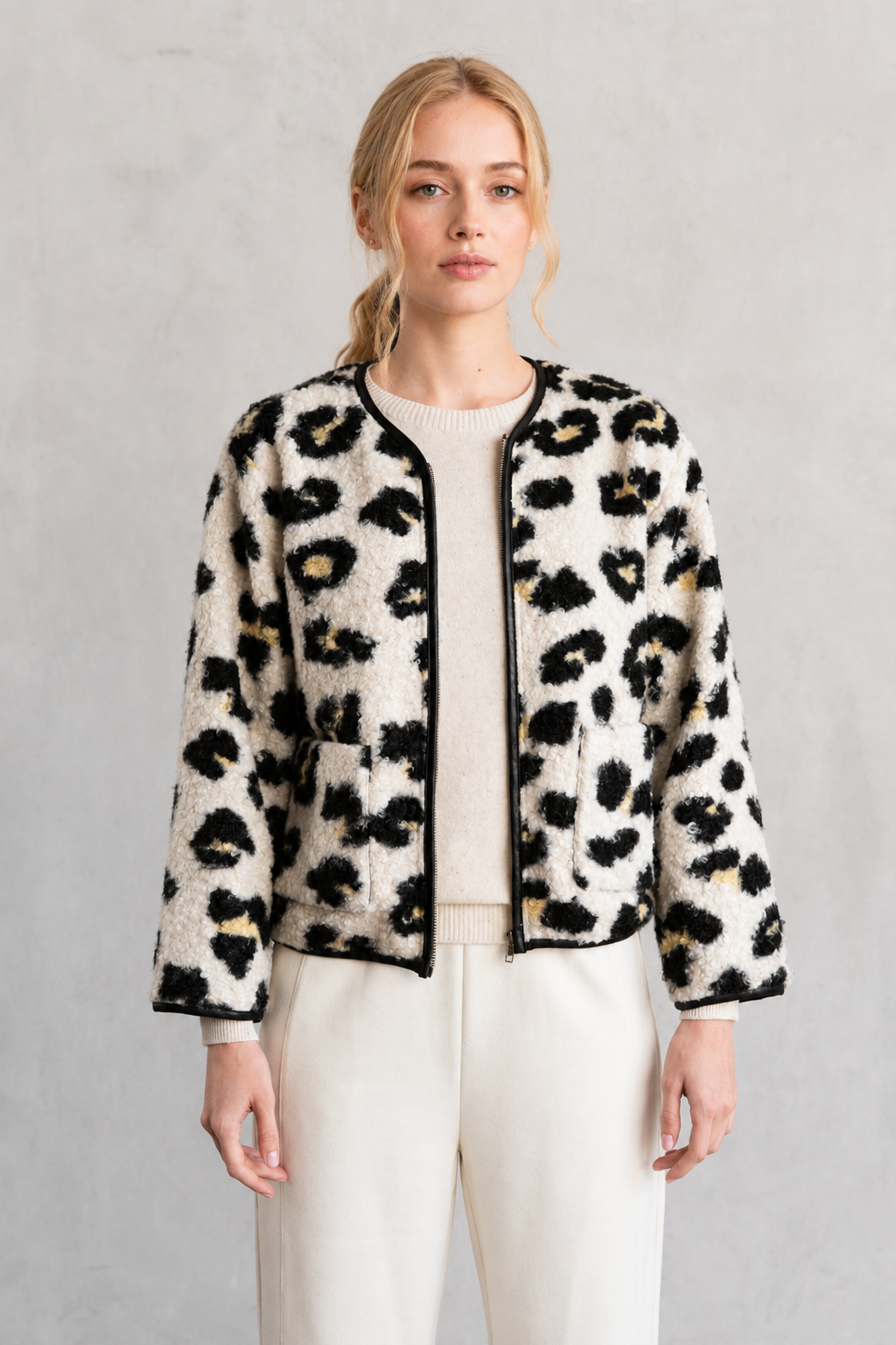Elle Grey Leopard Faux Collarless Jacket