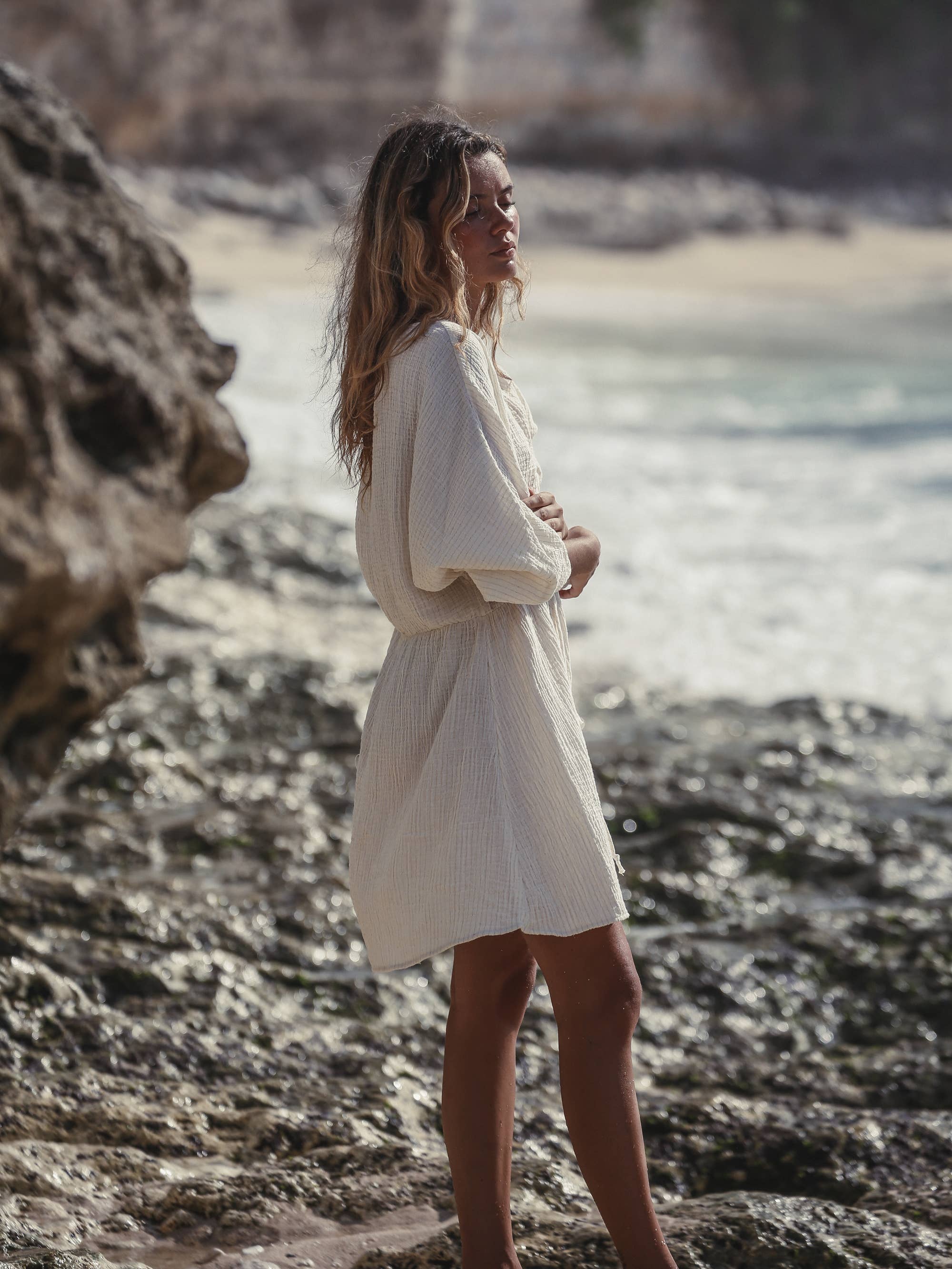 The Handloom Gaia Drawstring Mini Dress - Natural