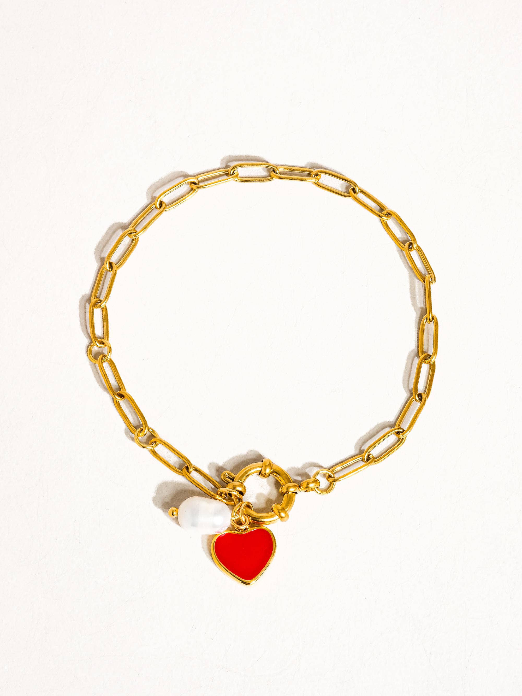 Flanerie Eulalie 18K Gold Non-Tarnish Heart Pearl Chain Bracelet