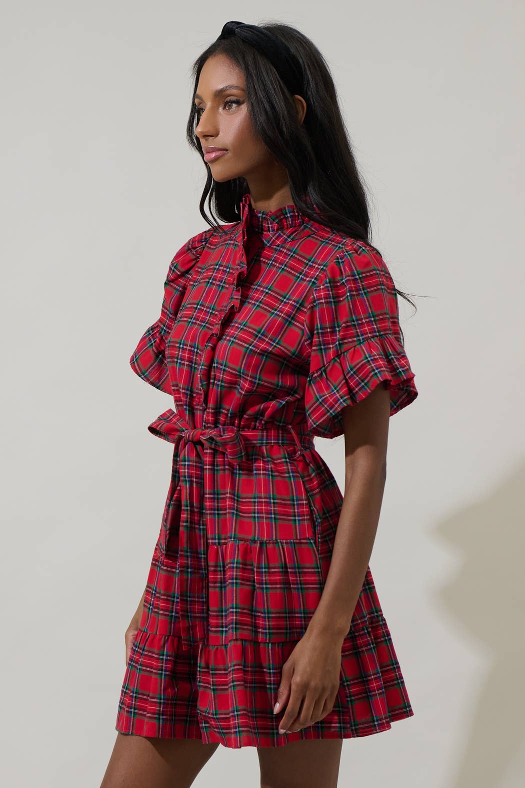 Sugarlips Arvada Plaid Cottonwood Ruffle Button Down Mini Dress