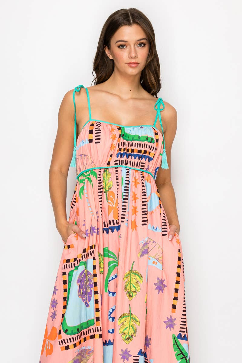 LoveWednesday Coral Retro Tropical Print Cotton Maxi Dress