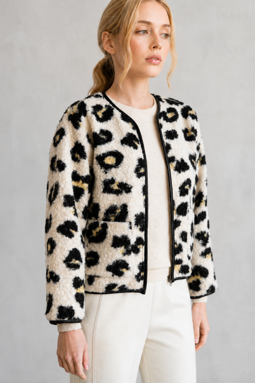 Elle Grey Leopard Faux Collarless Jacket