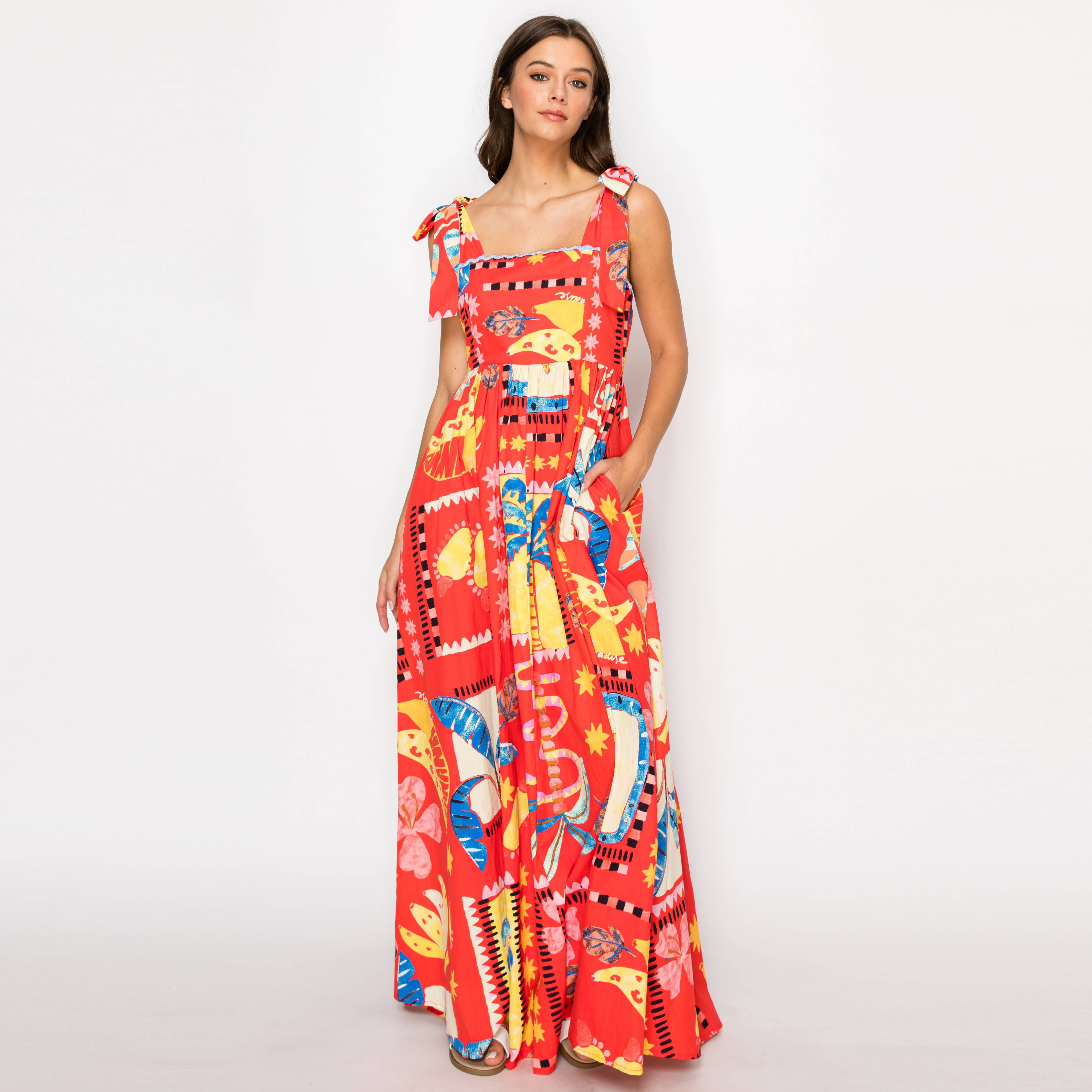 LoveWednesday Retro Red Tropical Maxi Dress