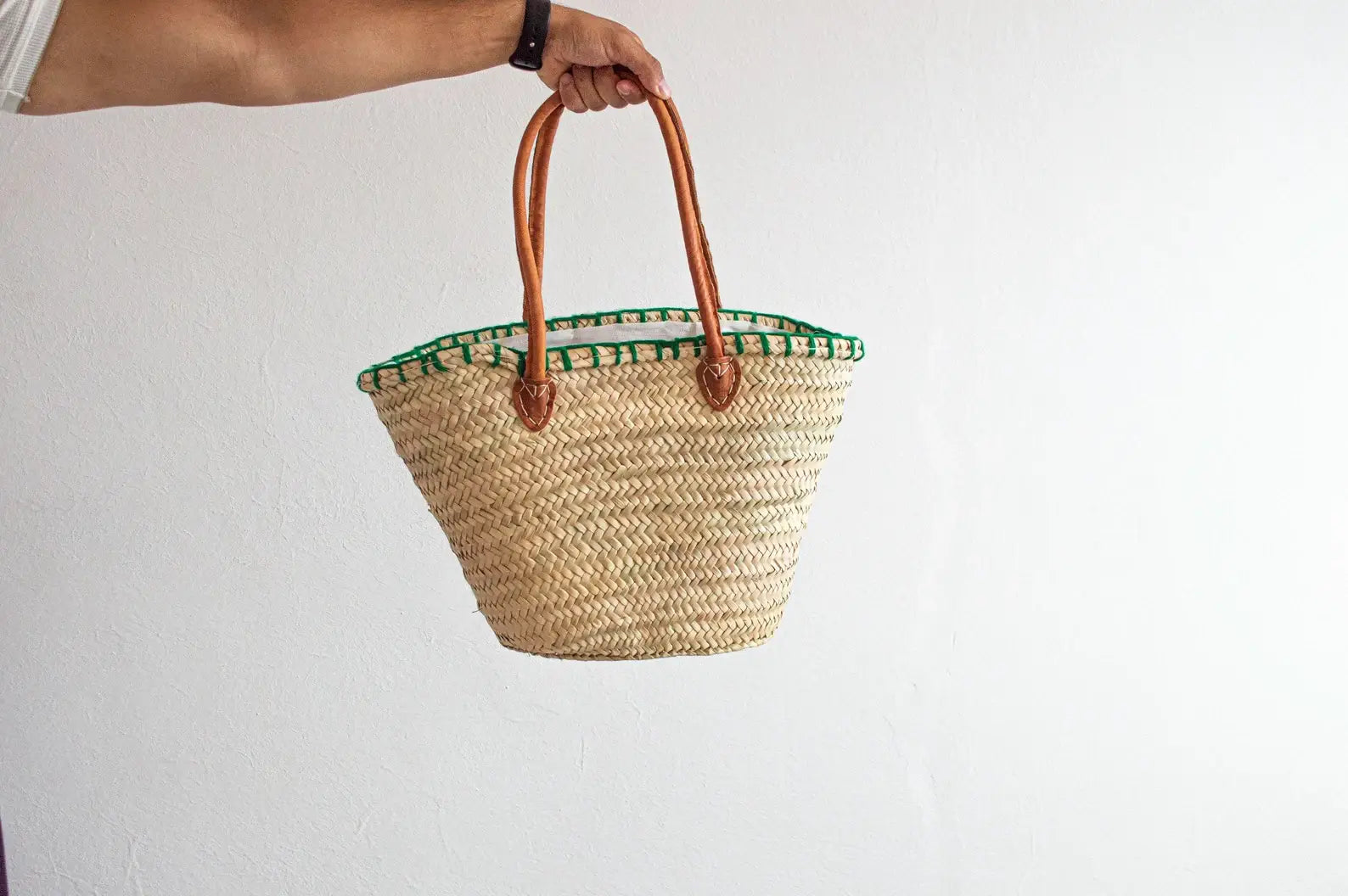 French Market Bags Basket With Lemon Embroidery and Leather Handles