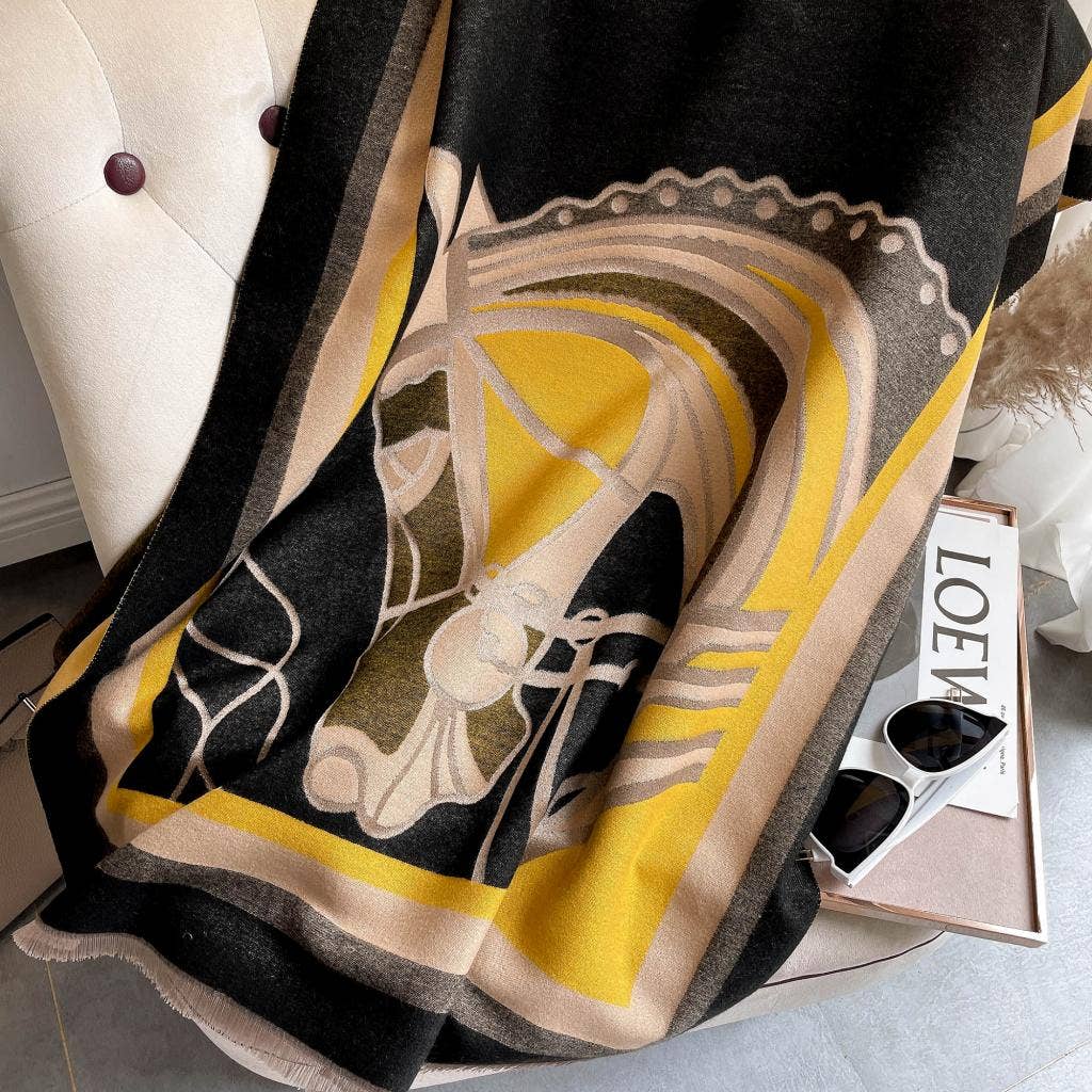 Thames Collection Equestrian Yellow/Black Crest Reversible Wrap –Artisan Shawl