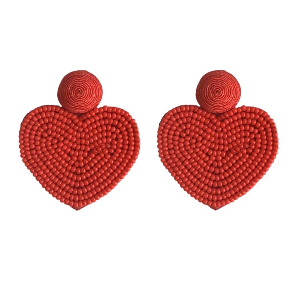 Red Valentines Day Holiday Beaded Heart Statement Earrings