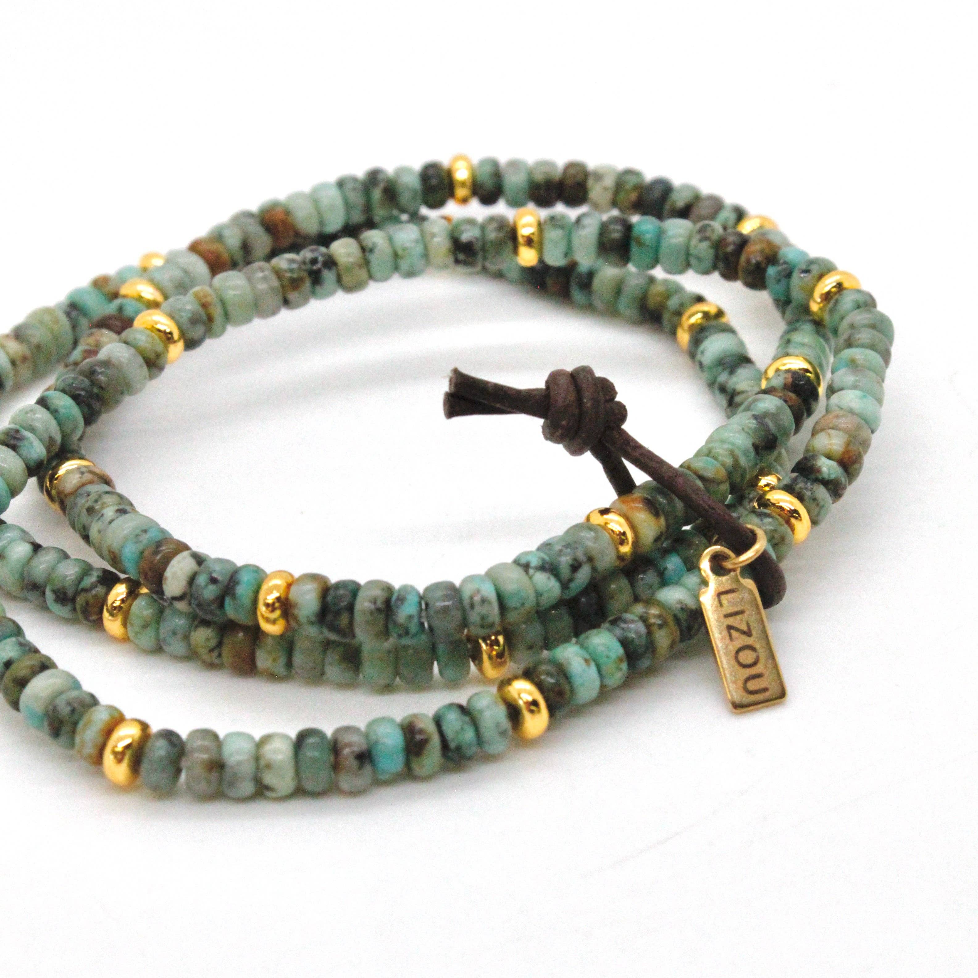 Lizou African Turquoise + Gold Set/3 Stretch Bracelets