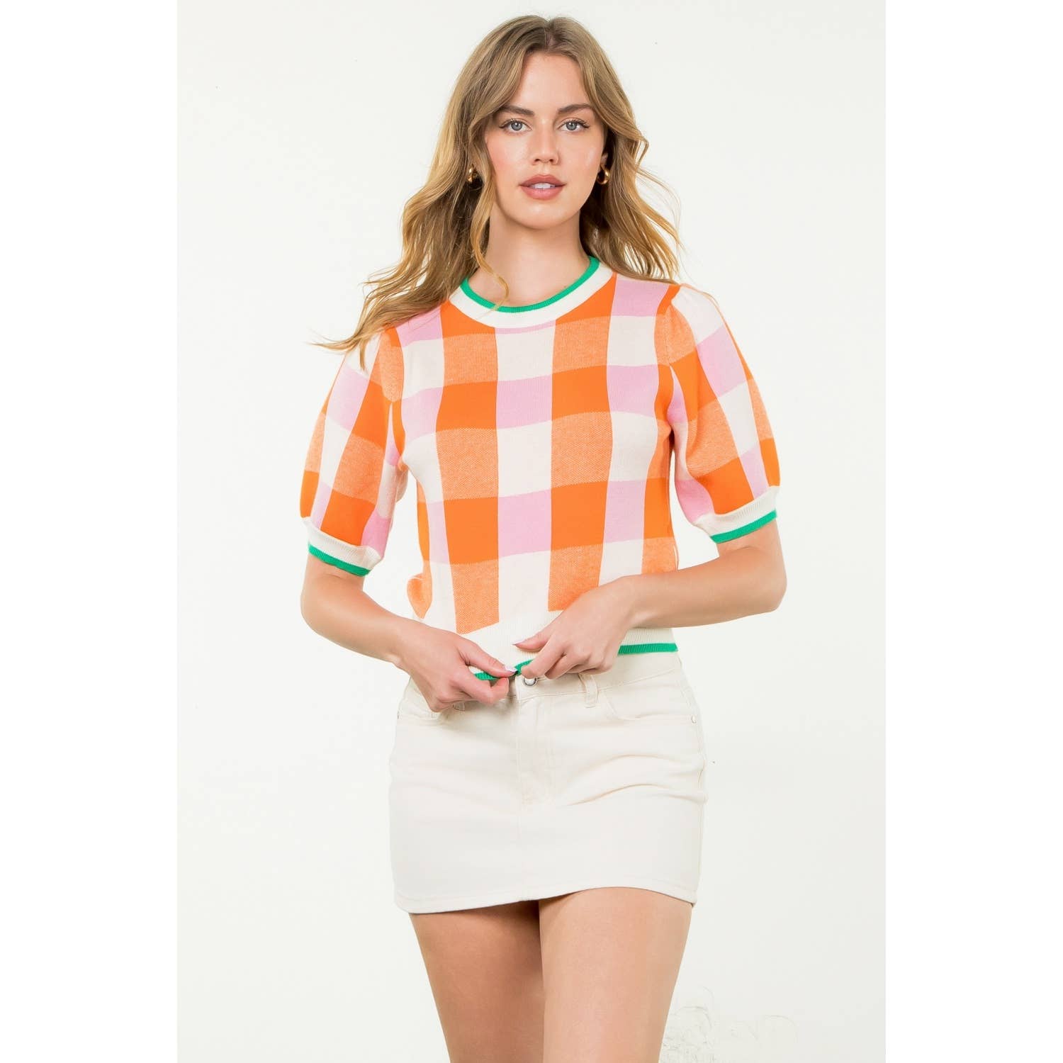 THML Short Sleeve Checkered Knit Top