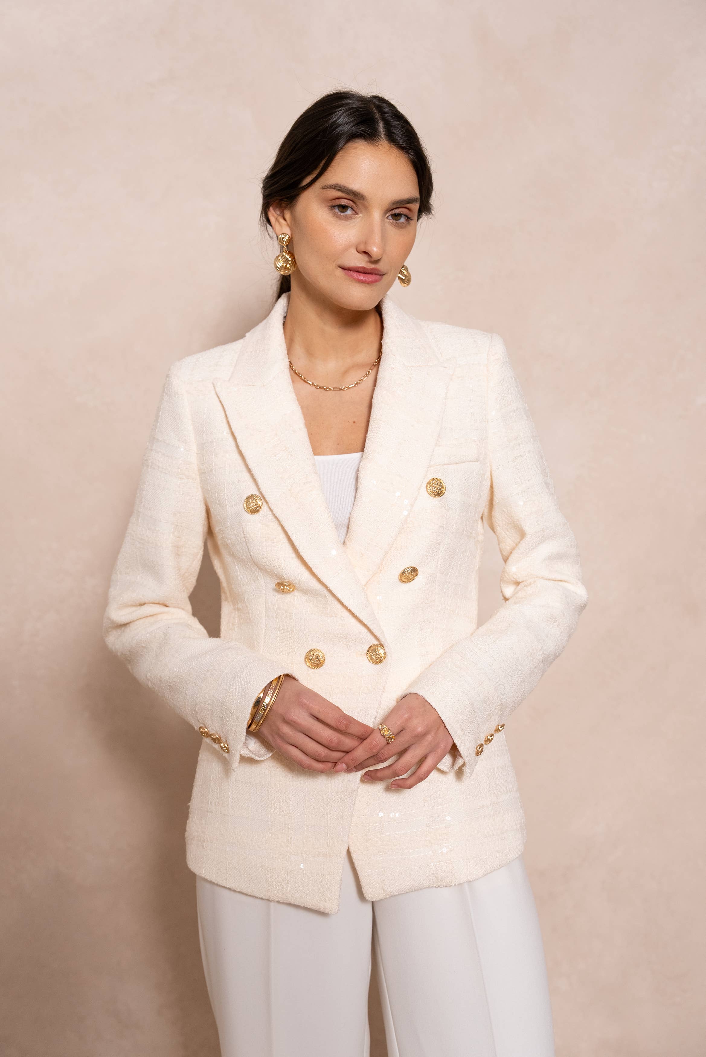 European Collection Structured Tweed Blazer with Double Gold Buttons V2521A