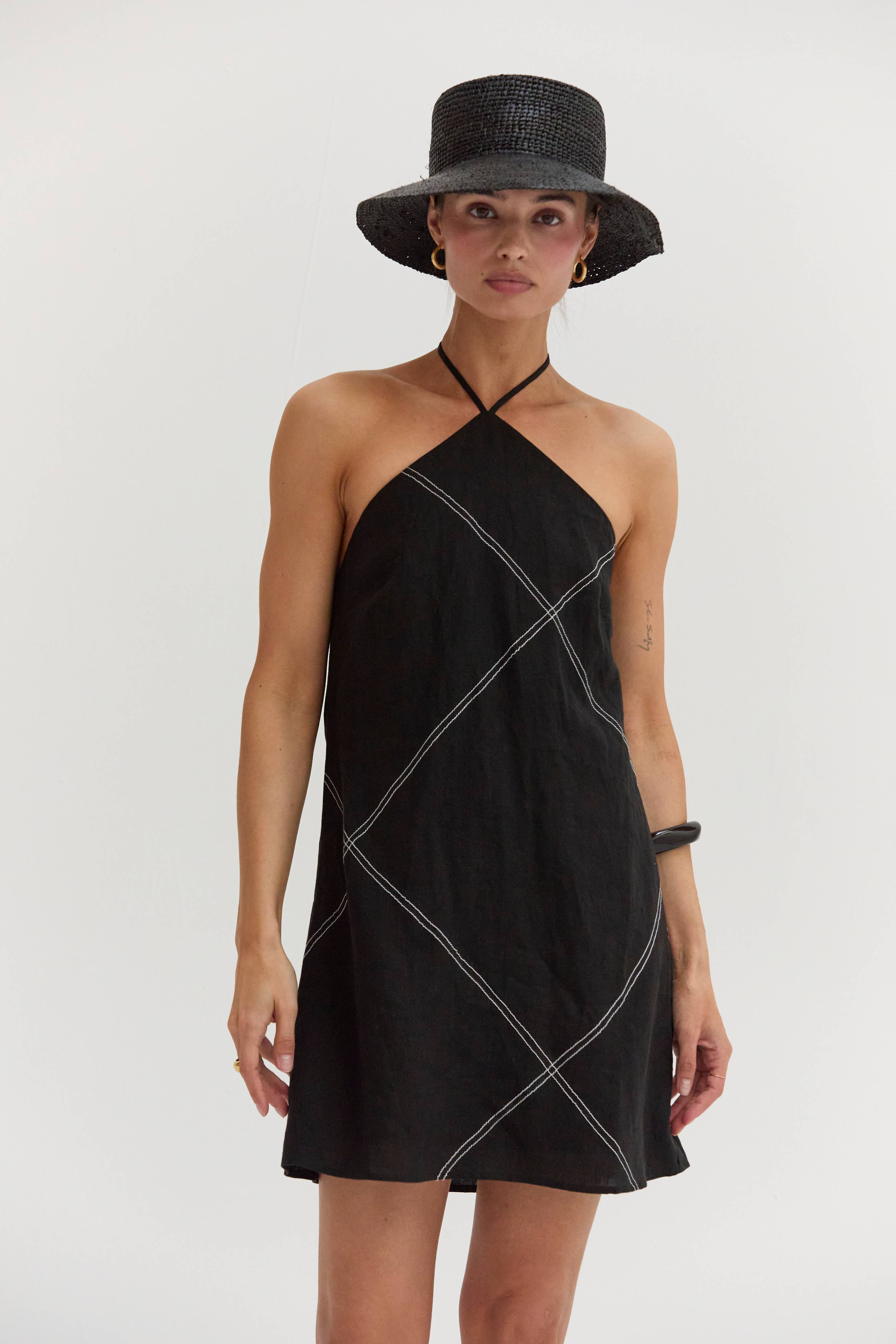 Crescent Lena Linen Contrast Stitch Halter Mini Dress CD9770