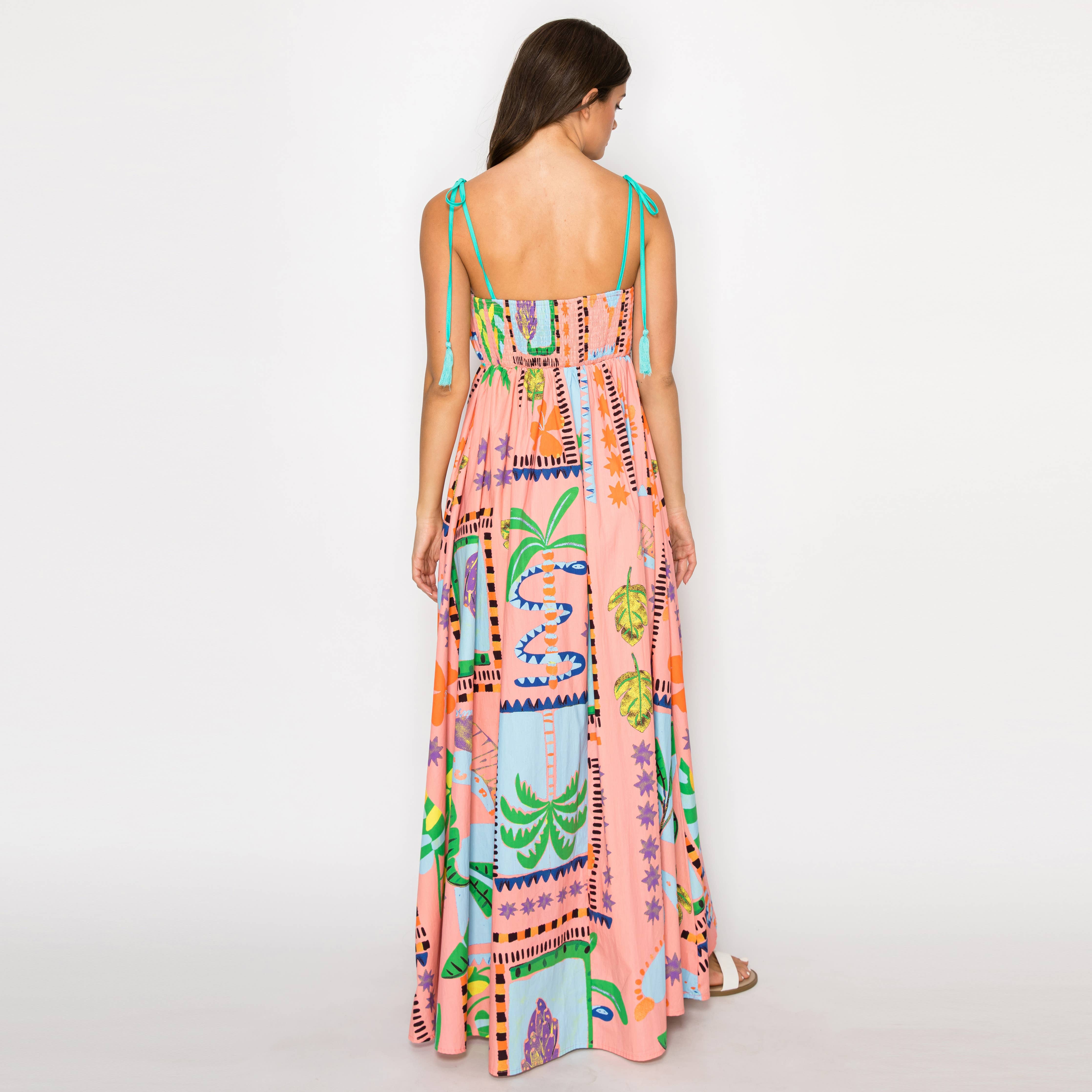 LoveWednesday Coral Retro Tropical Print Cotton Maxi Dress