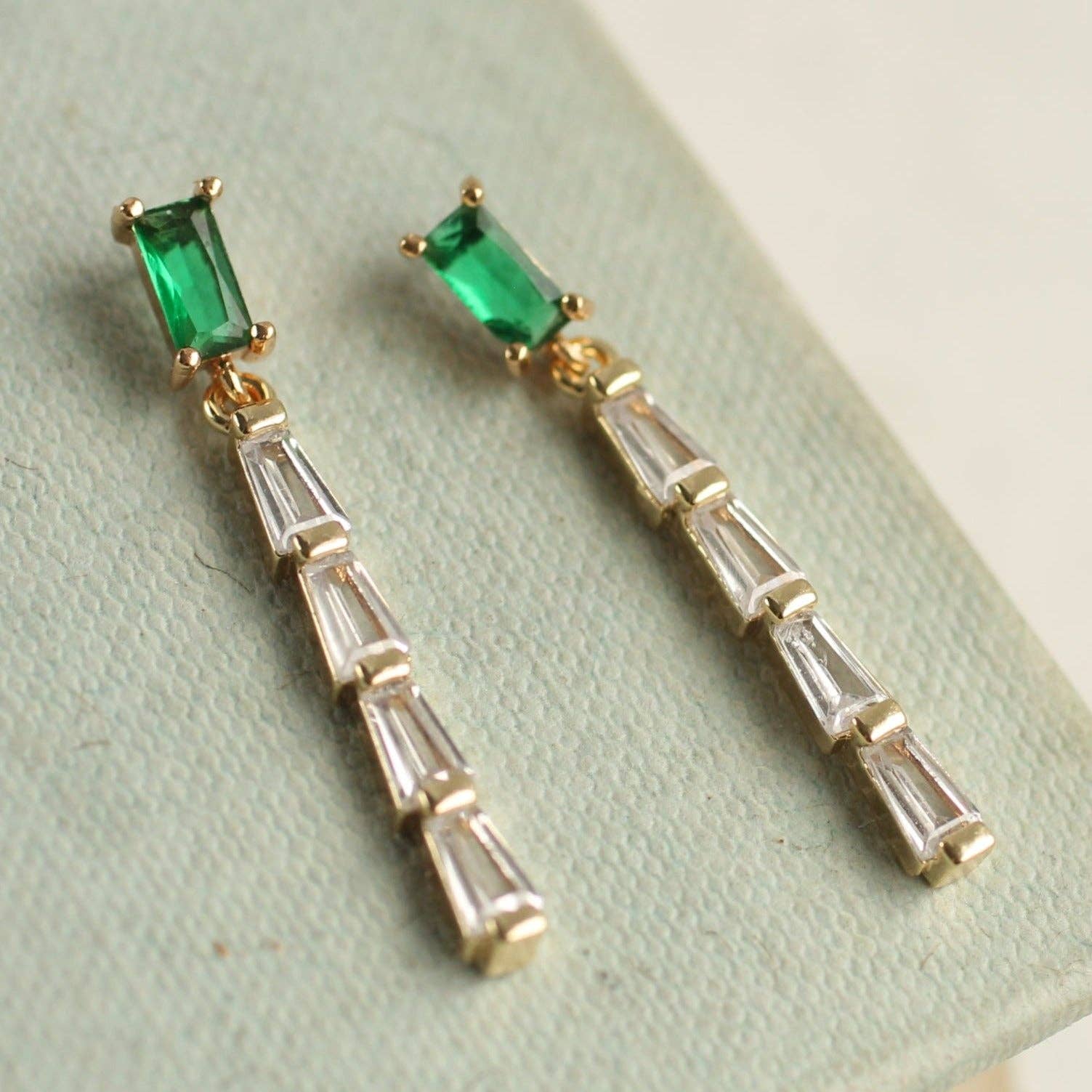 Silk Purse, Sow’s Ear Emerald Baguette Crystal Drop Earrings