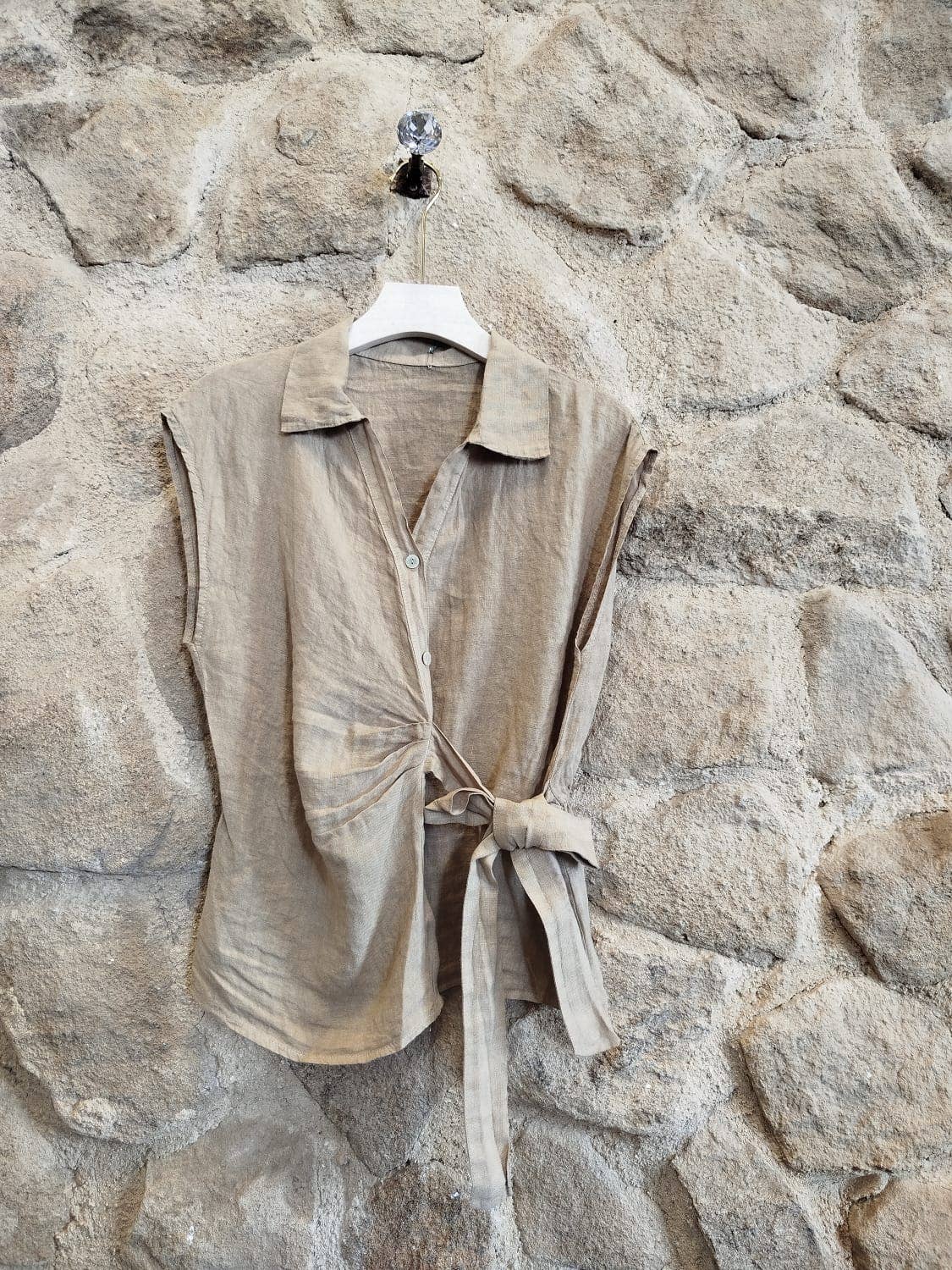 European Linen Sleeveless Top with Side Tie 18771