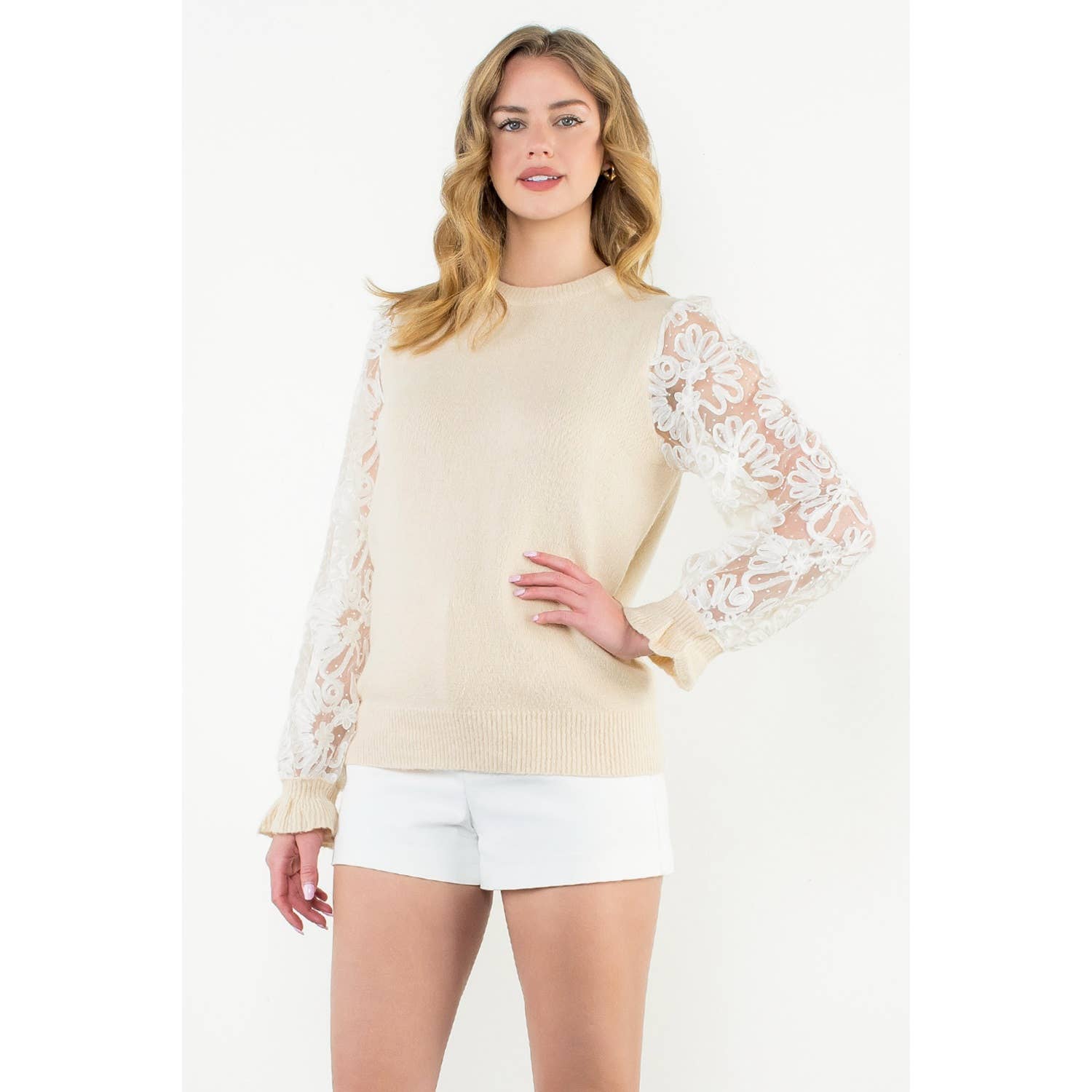 THML Floral Mesh Sleeve Knit Top