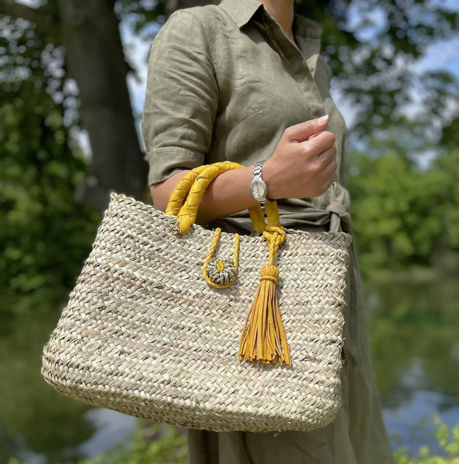 French Market Bags Straw Tote Bag with Leather Straps