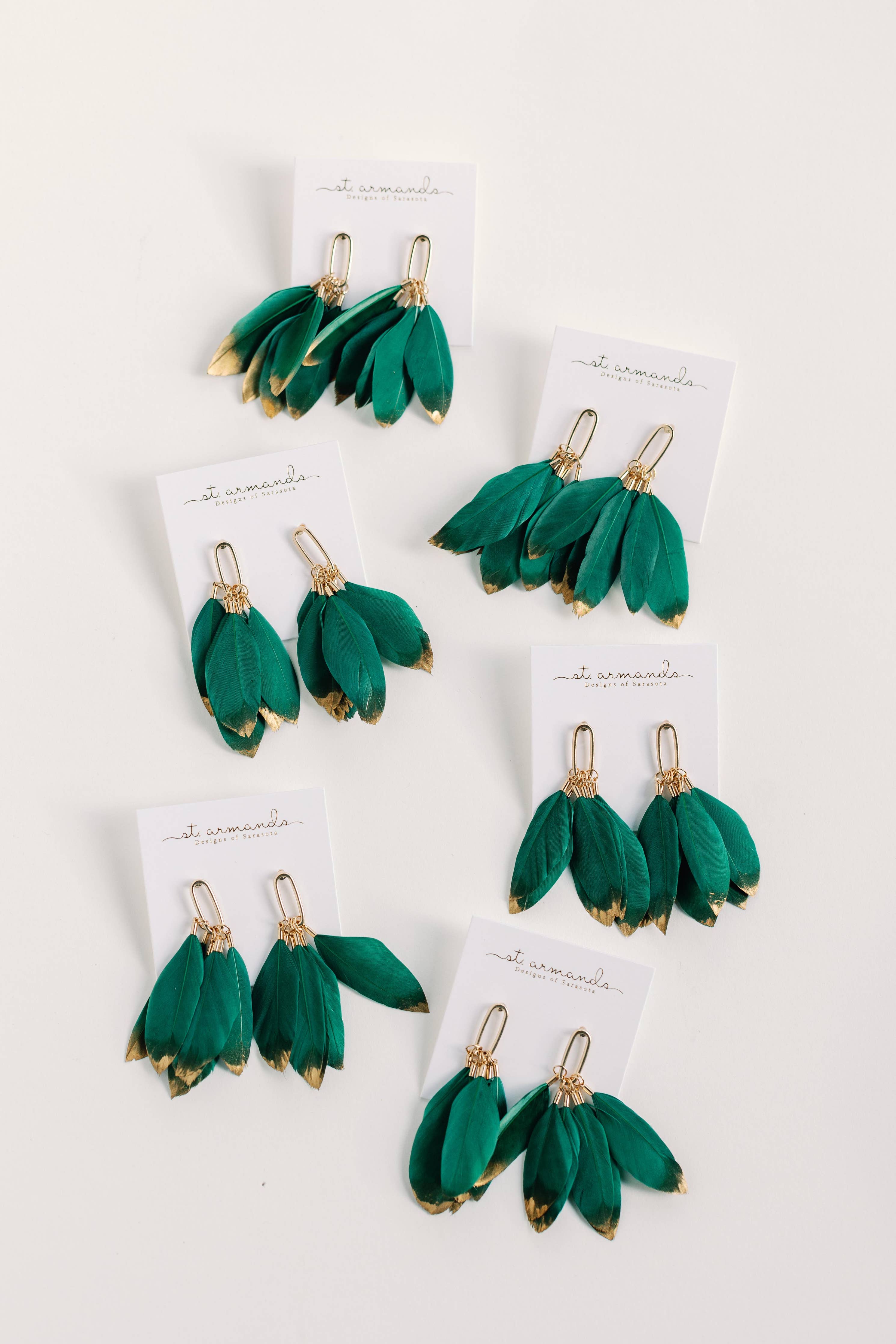 St. Armands Emerald Gold Dipped Feather Tassel Statement Earrings