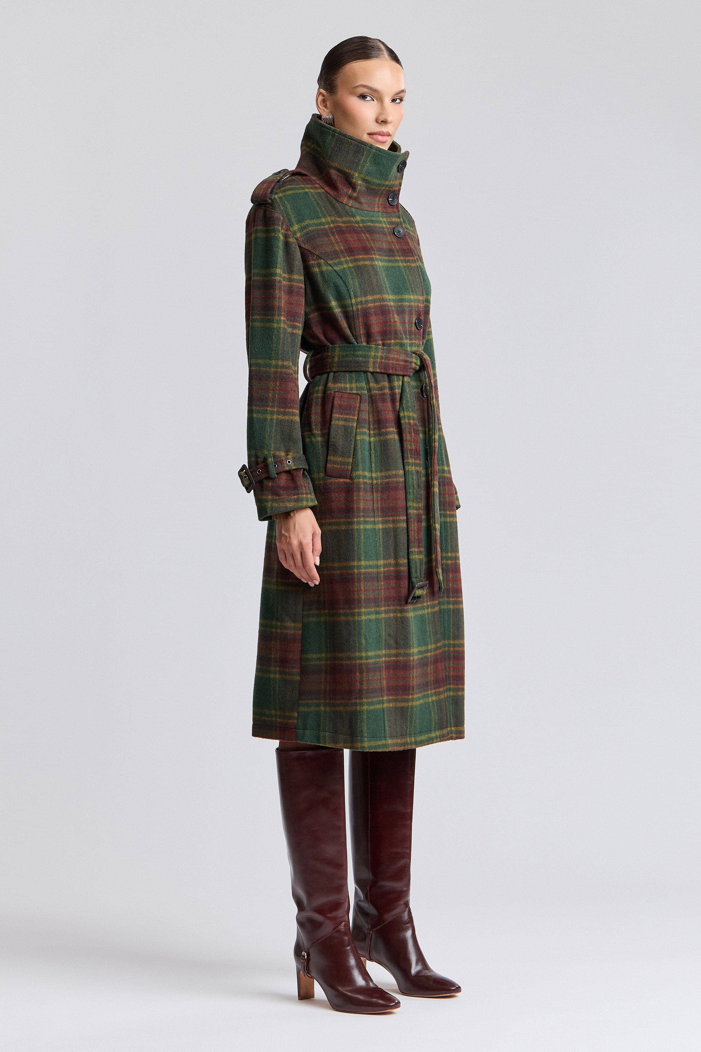 Avec Les Filles Plaid Faux Wool Utility Trench Coat 86476