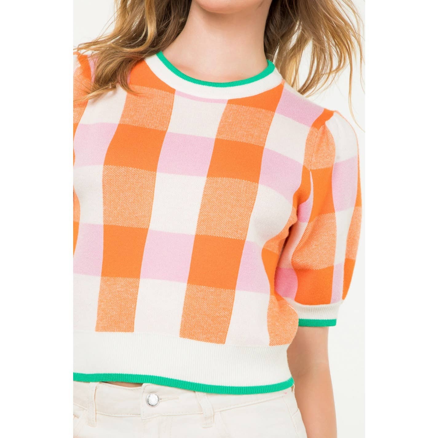 THML Short Sleeve Checkered Knit Top