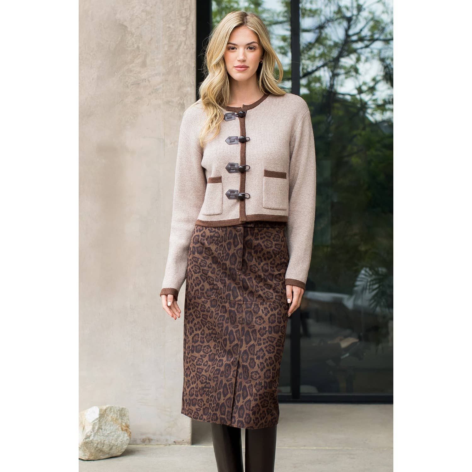 THML Leopard Print Suede Midi Skirt THS1805