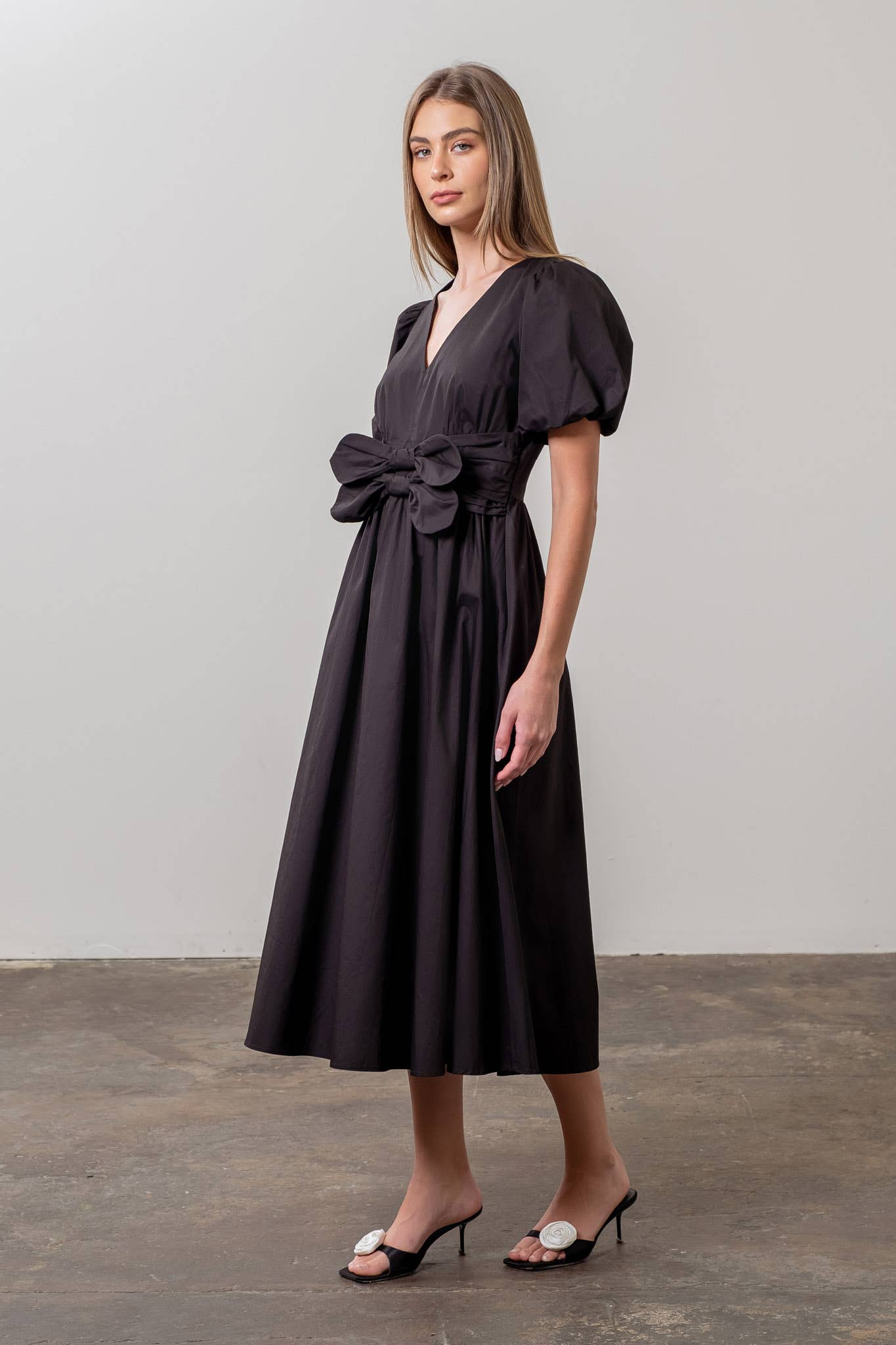 Moon River Puff Sleeve Midi Dress