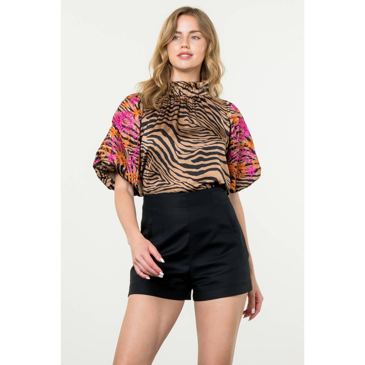 THML Embroidered Puff Sleeve Print Top