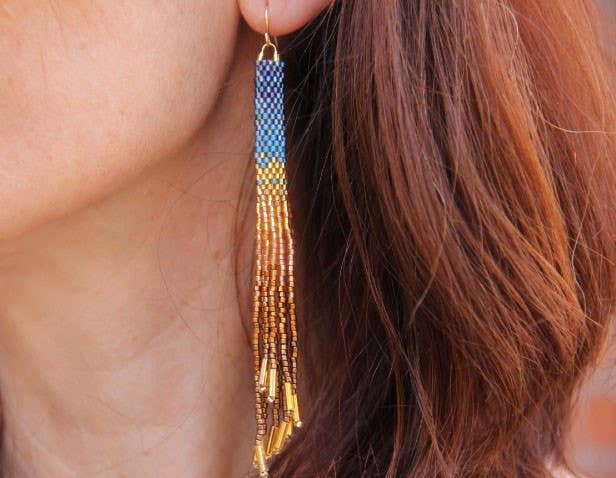 Mayana Beaded Handwoven Ombre Tassel Earrings-Indigo