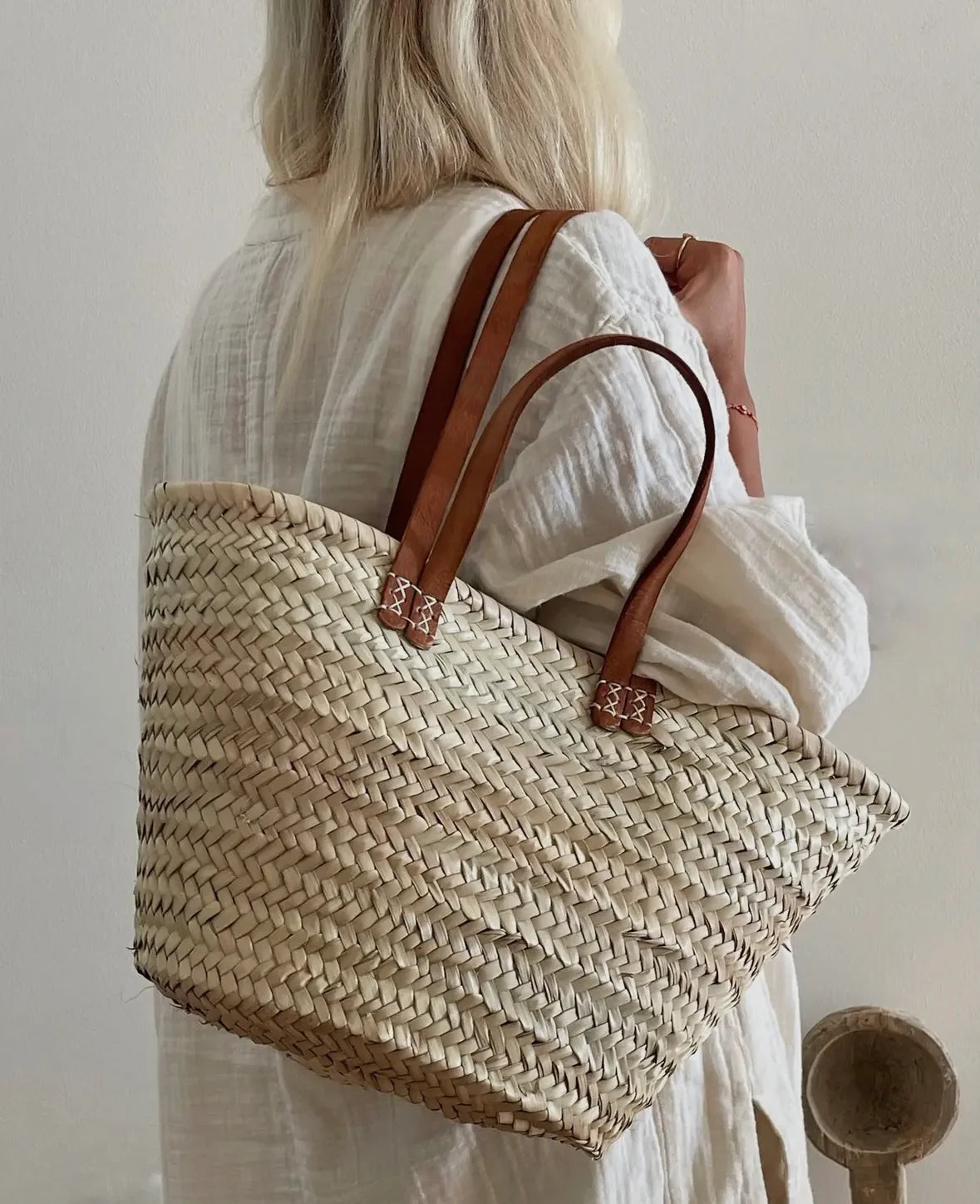 French Market Bags Handmade Straw Bag with Leather Straps #2