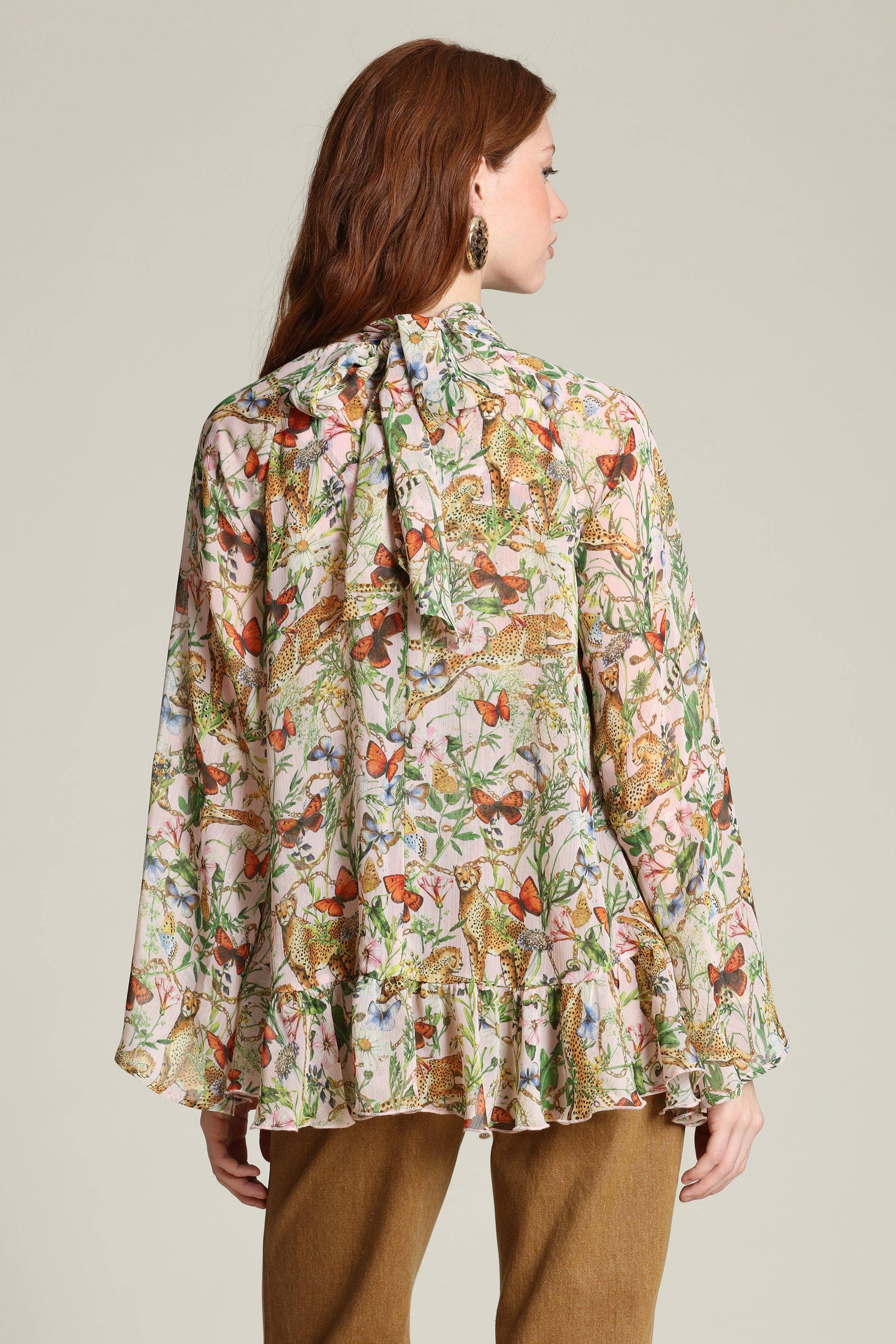 Avec Les Filles Botanical Print Chiffon Ruffle Blouse