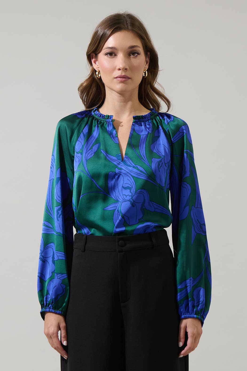 Sugarlips Busbee Floral Alcazar Raglan Sleeve Satin Blouse