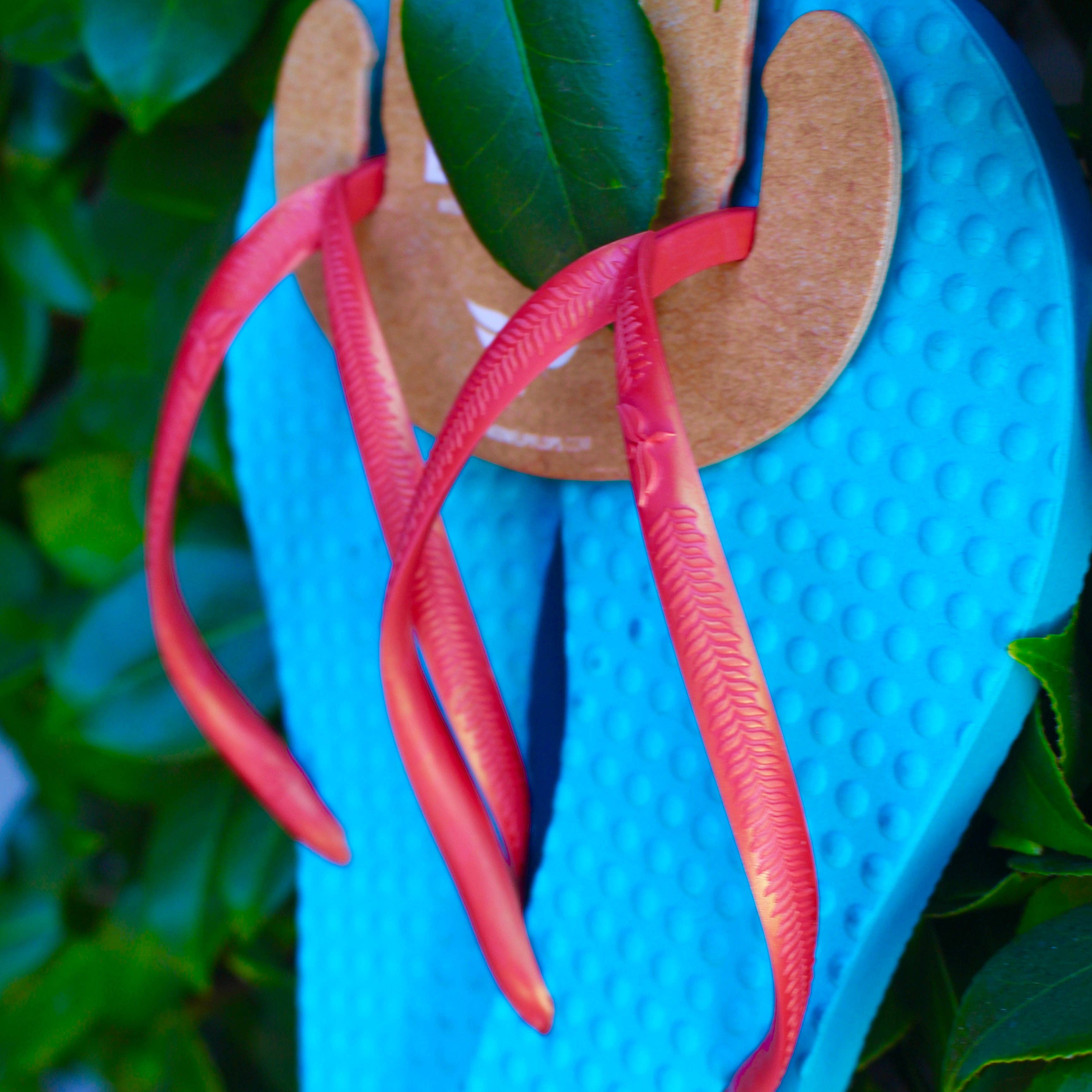 Green Sustainable Flip Flops Turquoise with Watermelon Straps