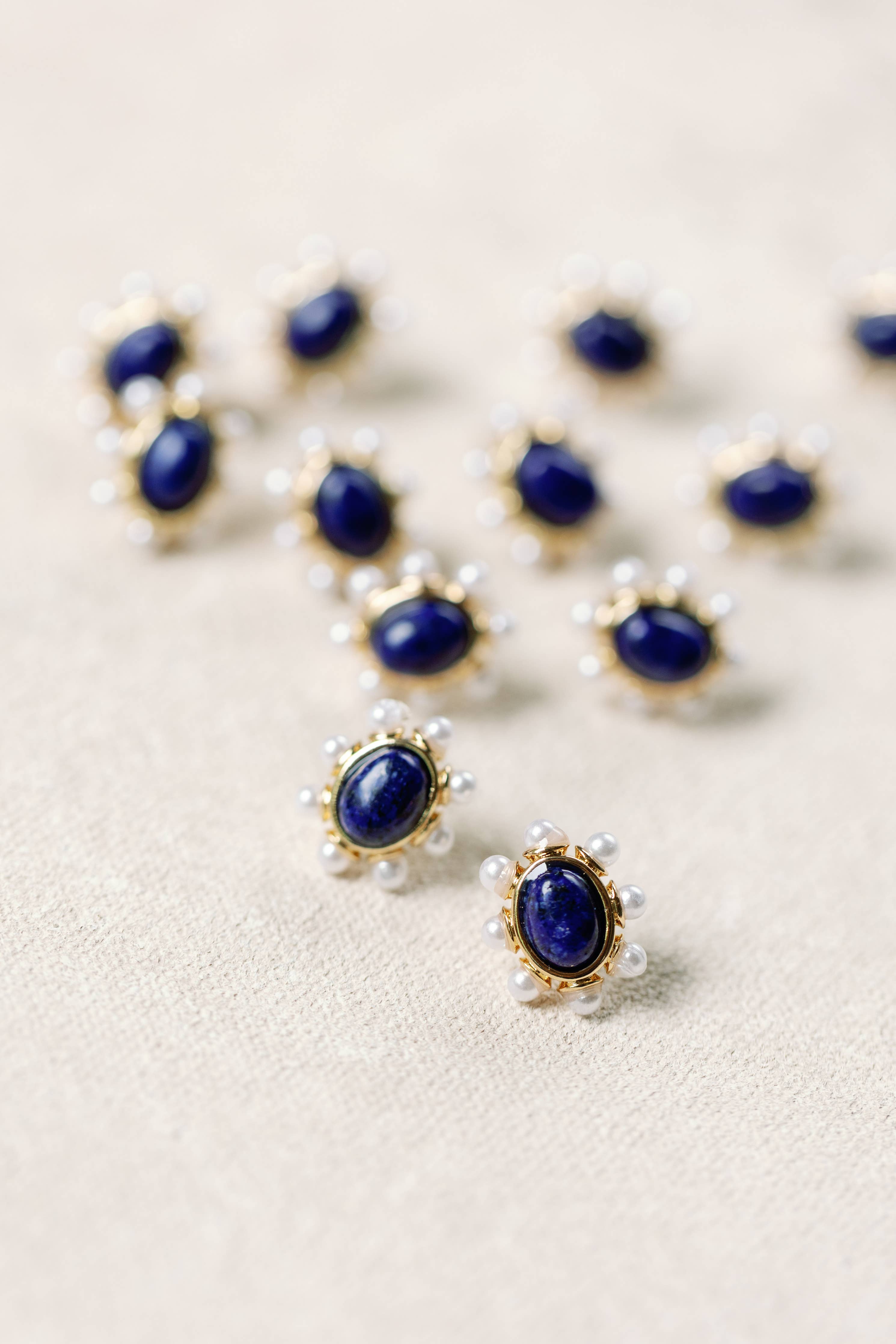 Blue Lapis and Pearl Oval Stud Earrings