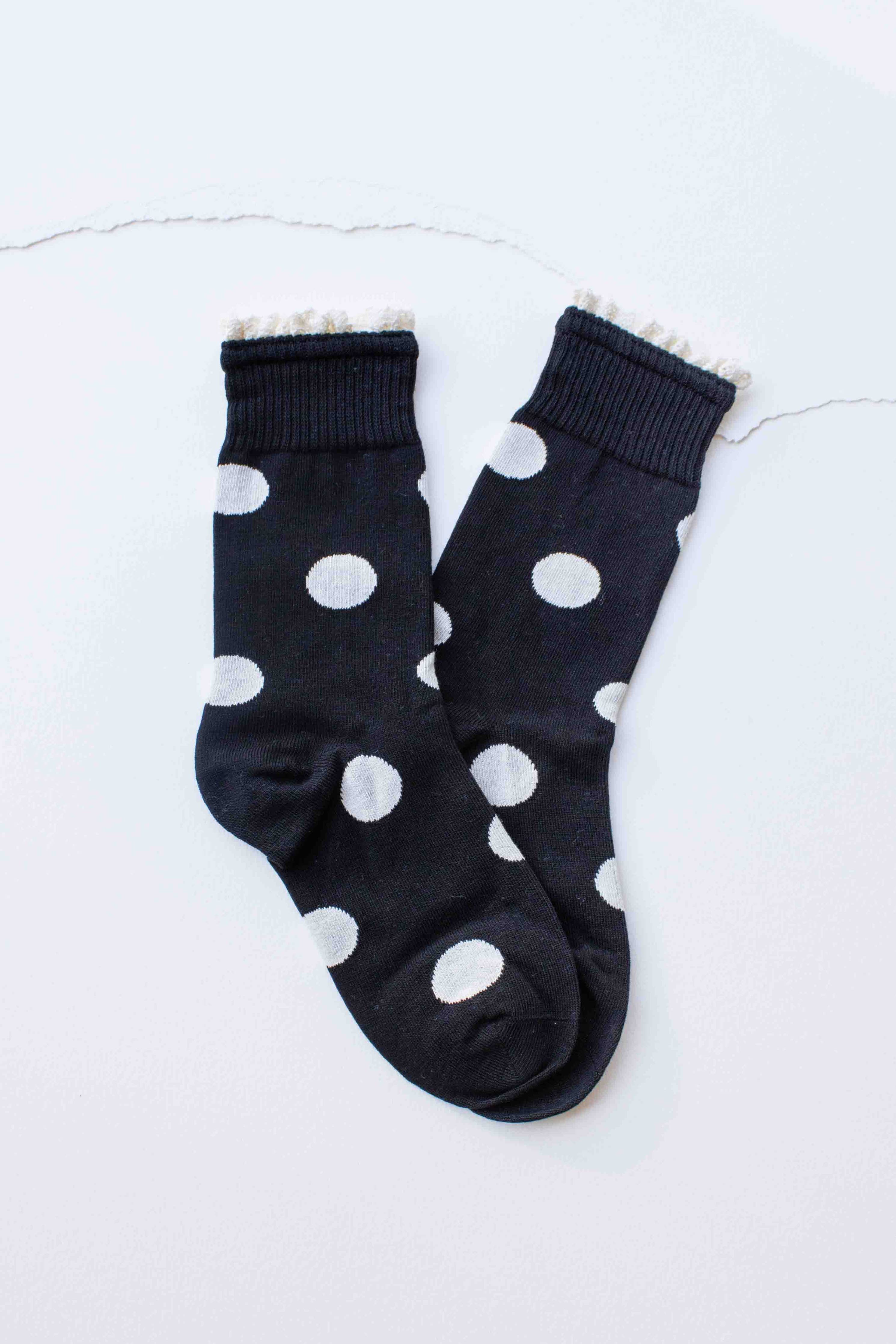 Tiepology Polka Dot Ruffle Trim Crew Socks